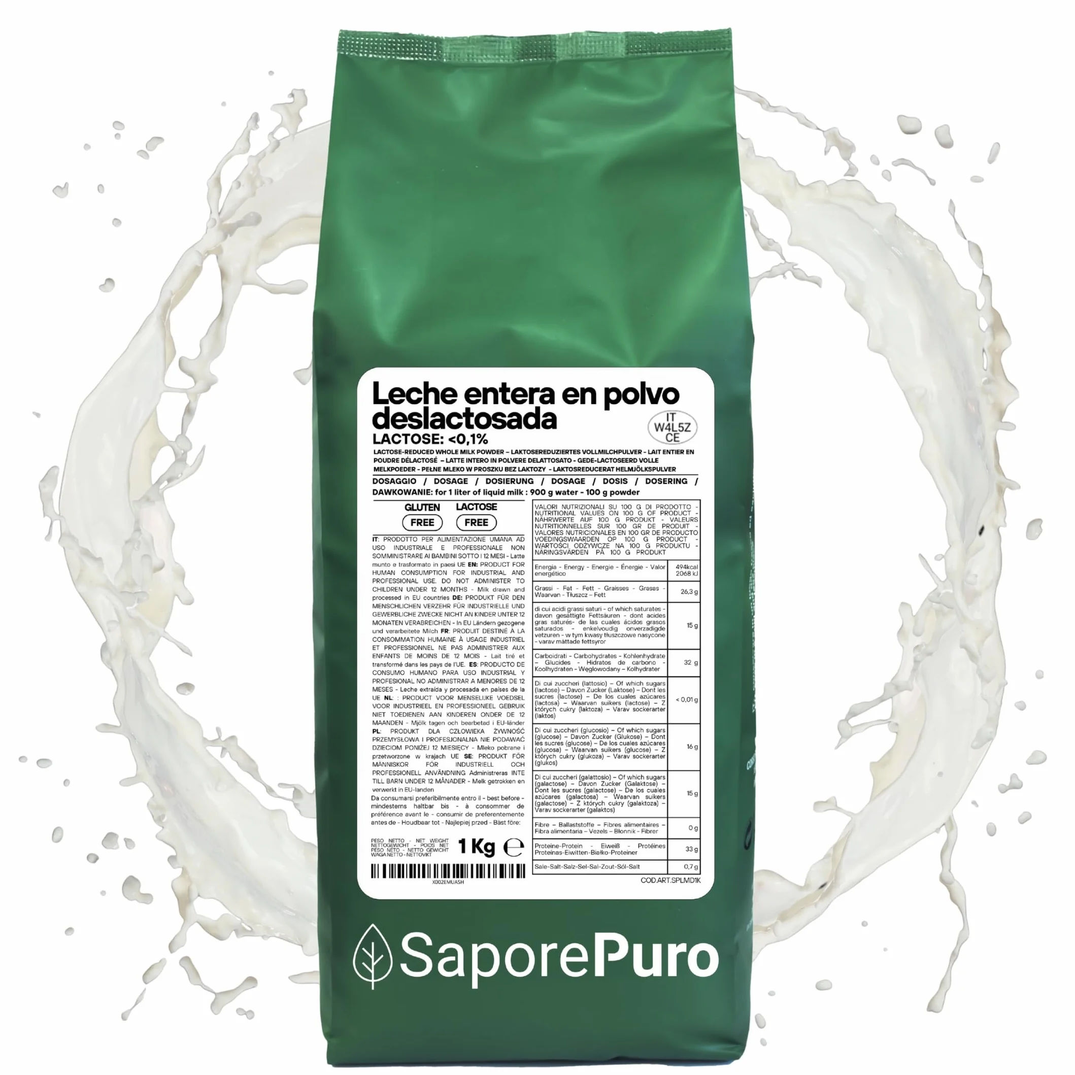 SaporePuro Leche Entera en Polvo Sin Lactosa 1 kg – Ideal para Pasteles, Pan y Helados, Uso Profesional e Industrial