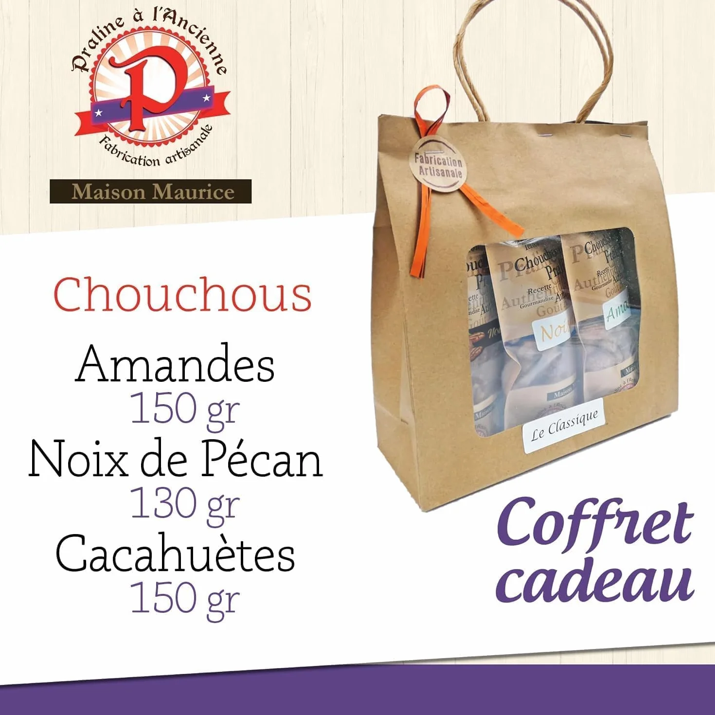 Pralinés a la Antigua - Caja de Regalo de Pralinés «Clásicos» - Delicias Artesanales Favoritas - Almendras, Pacanas, Cacahuetes - 3 Bolsitas - 430 gr - Fabricado en Francia