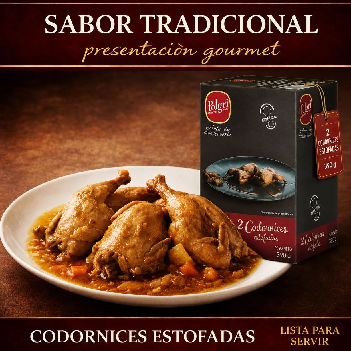 POLGRI Codornices Estofadas Toledana Conserva de Caza 390 g x 3 Latas Estuchada Plato Preparado Receta Espanola
