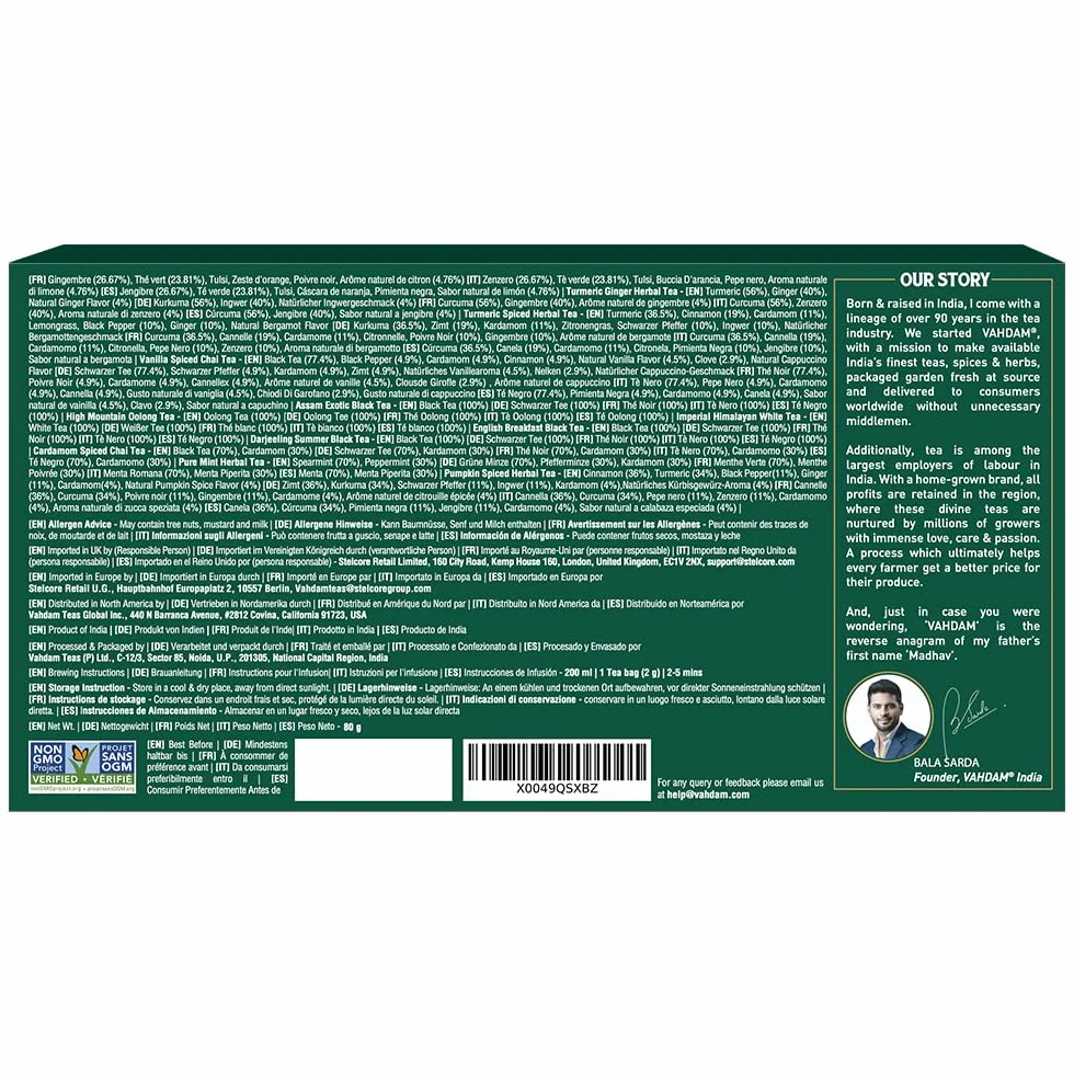 VAHDAM Caja de Regalo de Té Surtida 20 Sabores 40 Bolsas Verde Hierbas Negro Chai