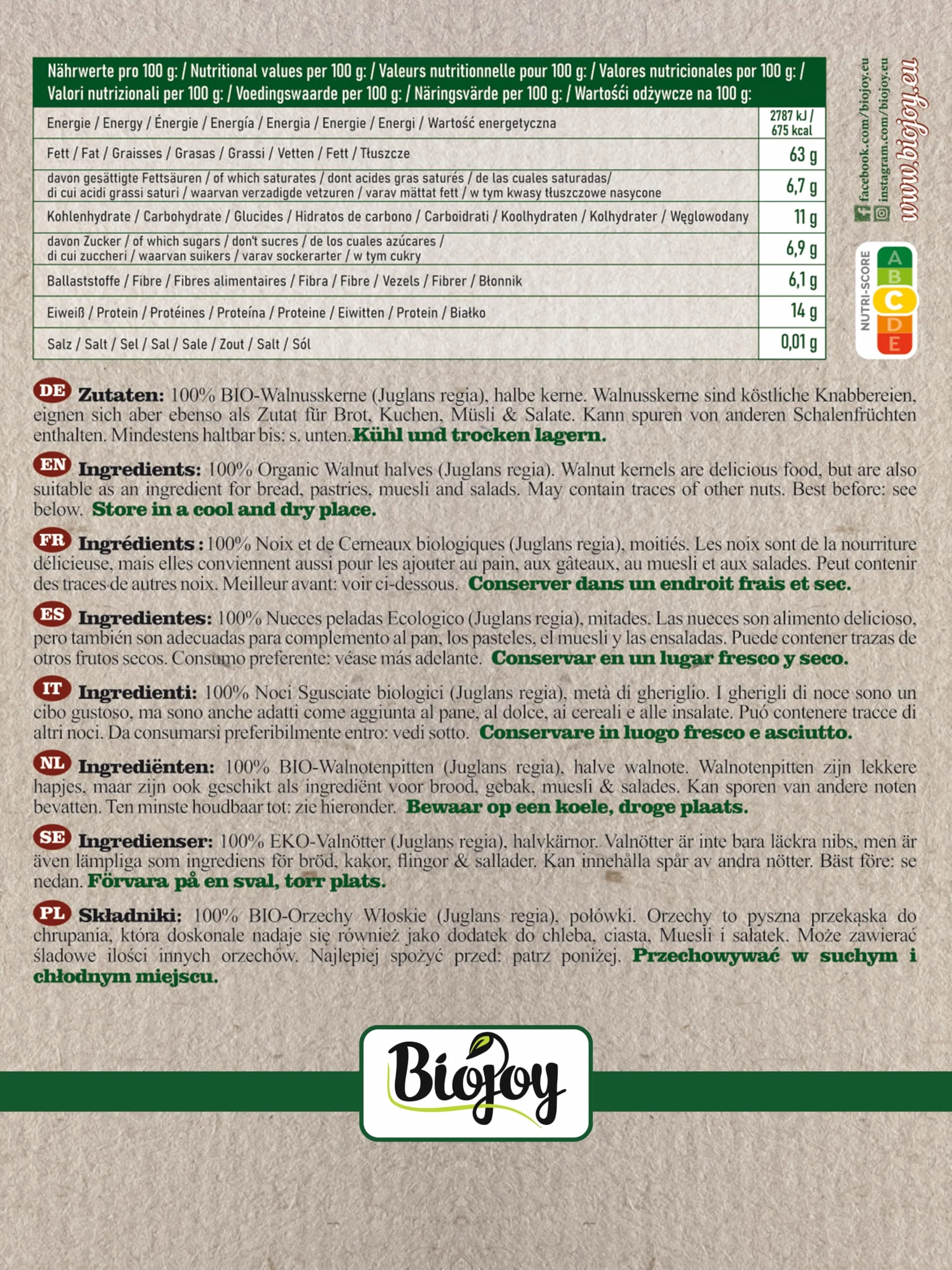 Biojoy Nueces Peladas Ecológicas (1 kg Mitades), crudas y sin aditivos (Juglans regia)