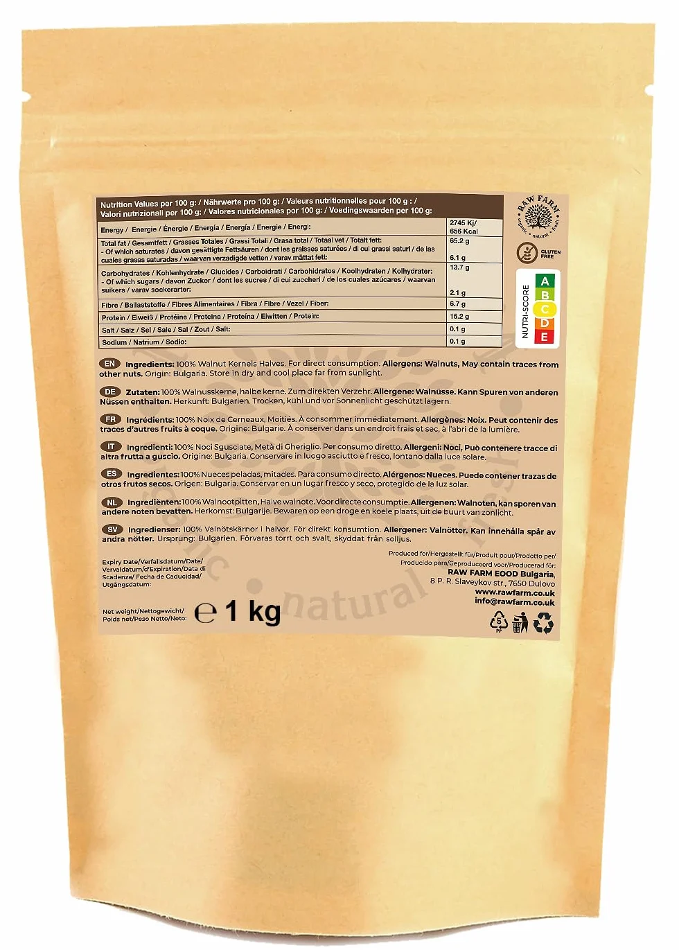 Nueces crudas 1 kg sin sal ricas en Omega-3 proteínas fibra snack vegano sin gluten