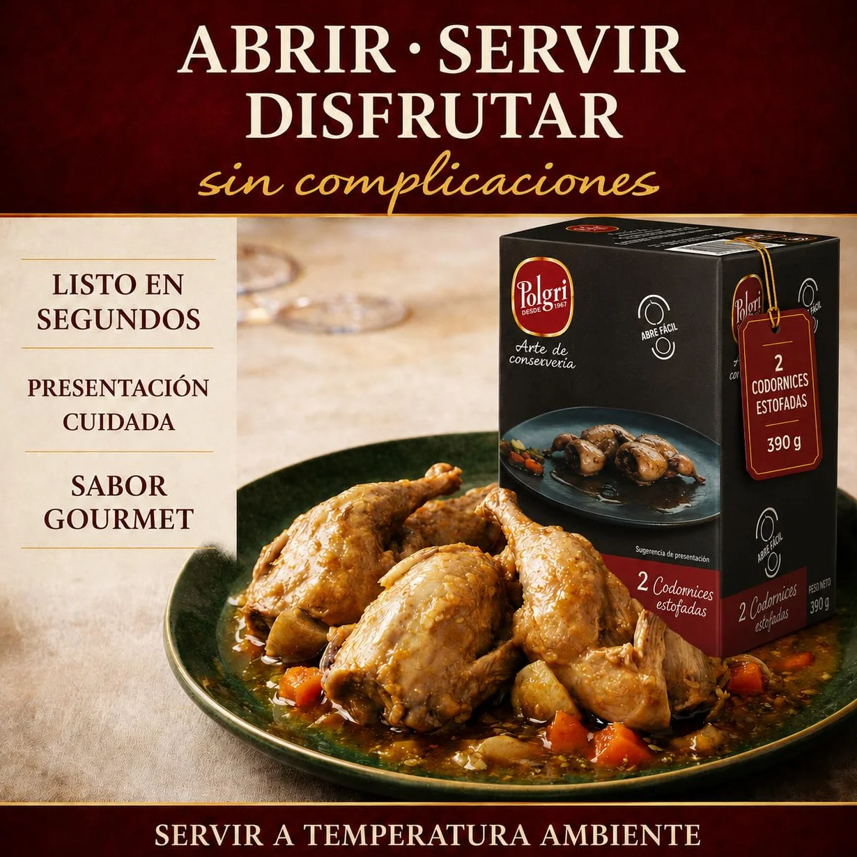 POLGRI Codornices Estofadas Toledana Conserva de Caza 390 g x 3 Latas Estuchada Plato Preparado Receta Espanola