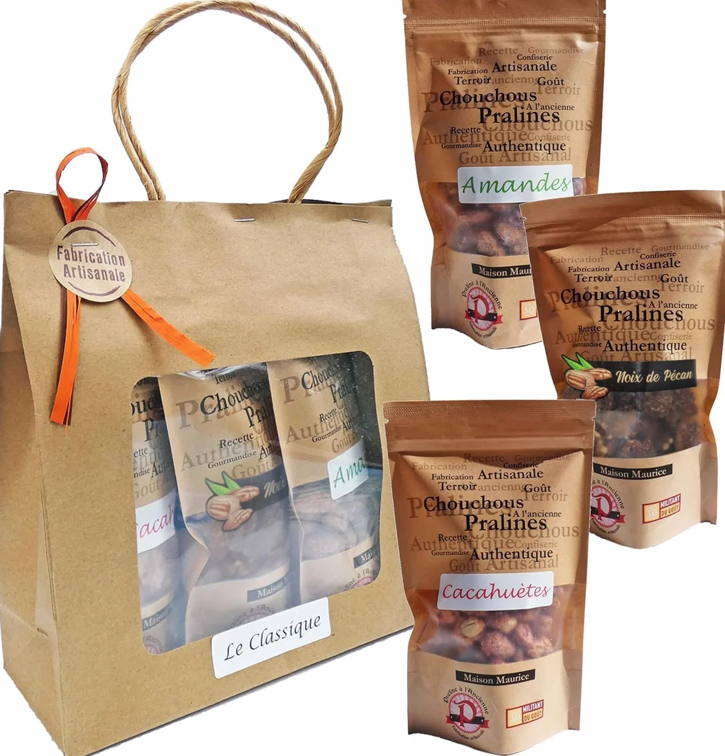 Pralinés a la Antigua - Caja de Regalo de Pralinés «Clásicos» - Delicias Artesanales Favoritas - Almendras, Pacanas, Cacahuetes - 3 Bolsitas - 430 gr - Fabricado en Francia