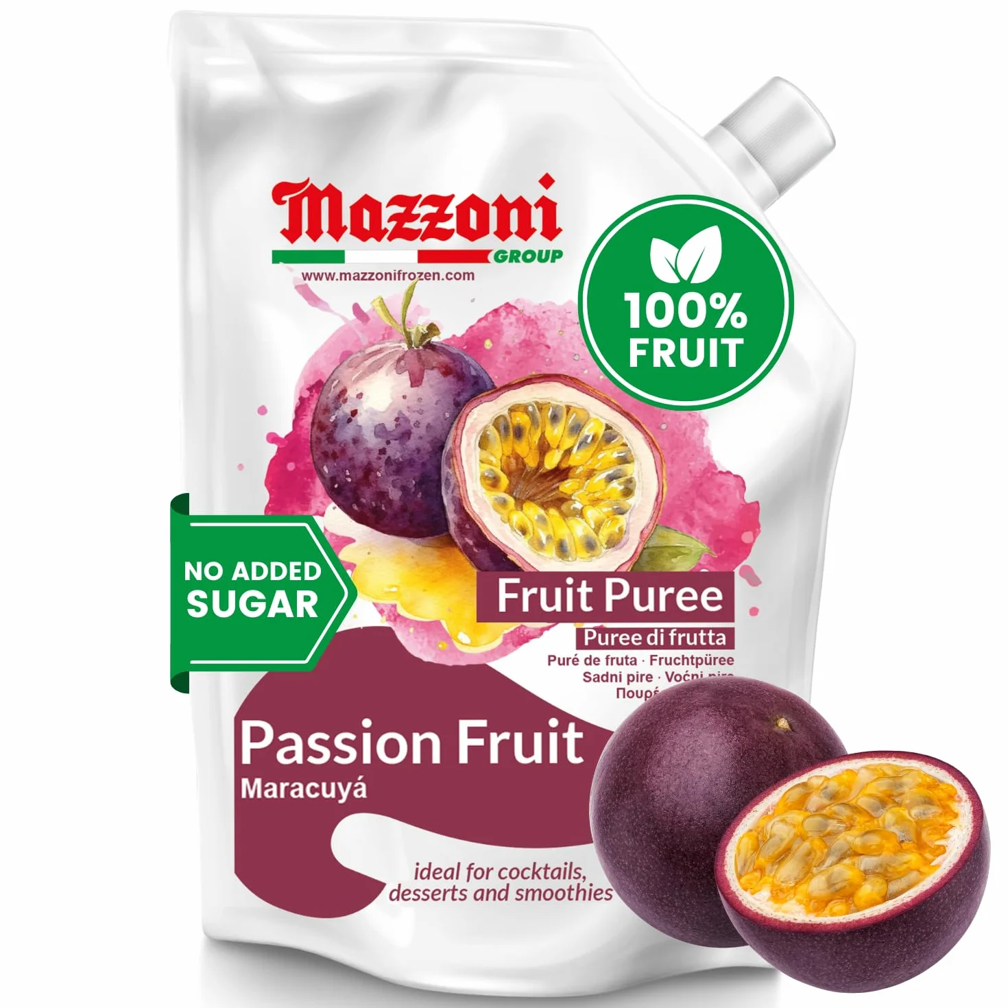 Mazzoni - Puré de zumo de maracuyá, 100% maracuyá, 2,2 libras (35,2 onzas) Solo fruta, sin azúcar añadido, sin semillas. Mezclador de frutas real para cócteles, batidos, bebidas, zumo de fruta, bolsa