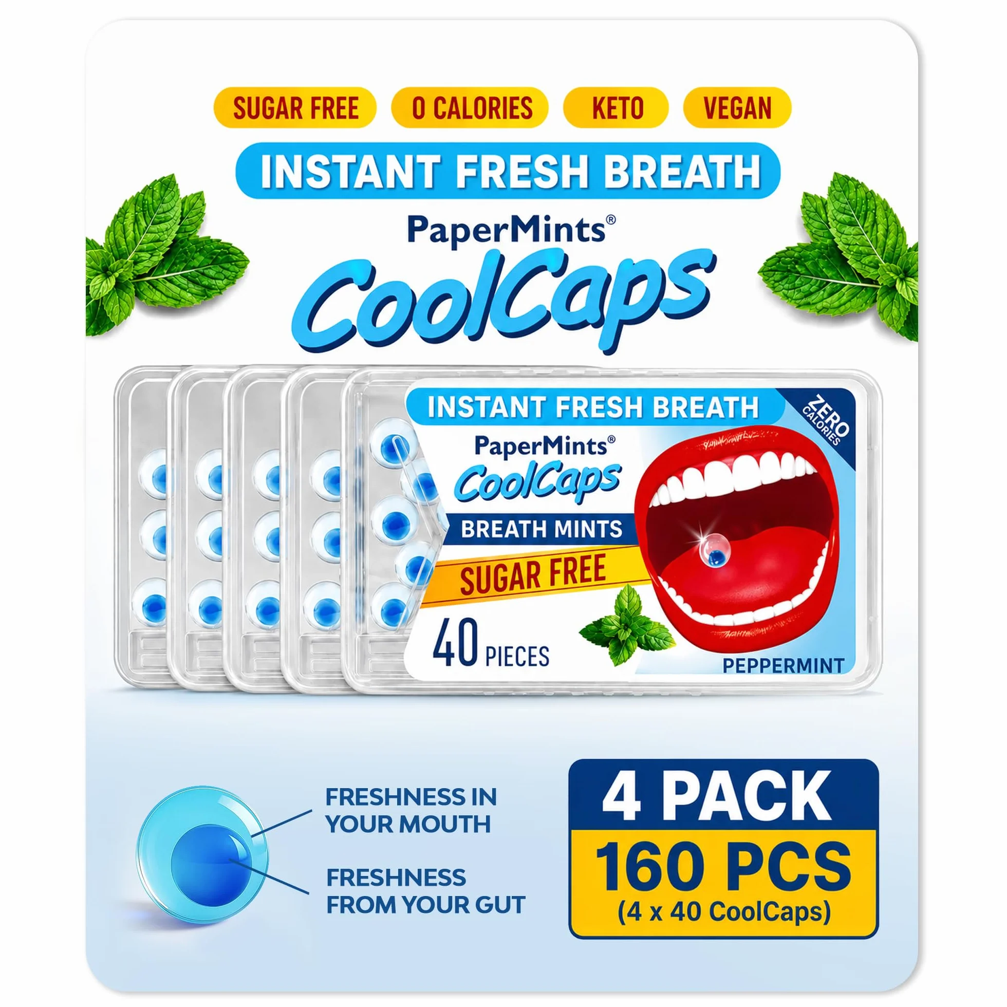 Papermints CoolCaps - Caja de mentas frescas instantáneas para el aliento, paquete de 40 x 4, ambientador y tratamiento para el mal aliento para adultos, tratamiento de halitosis, limpia y refresca tu