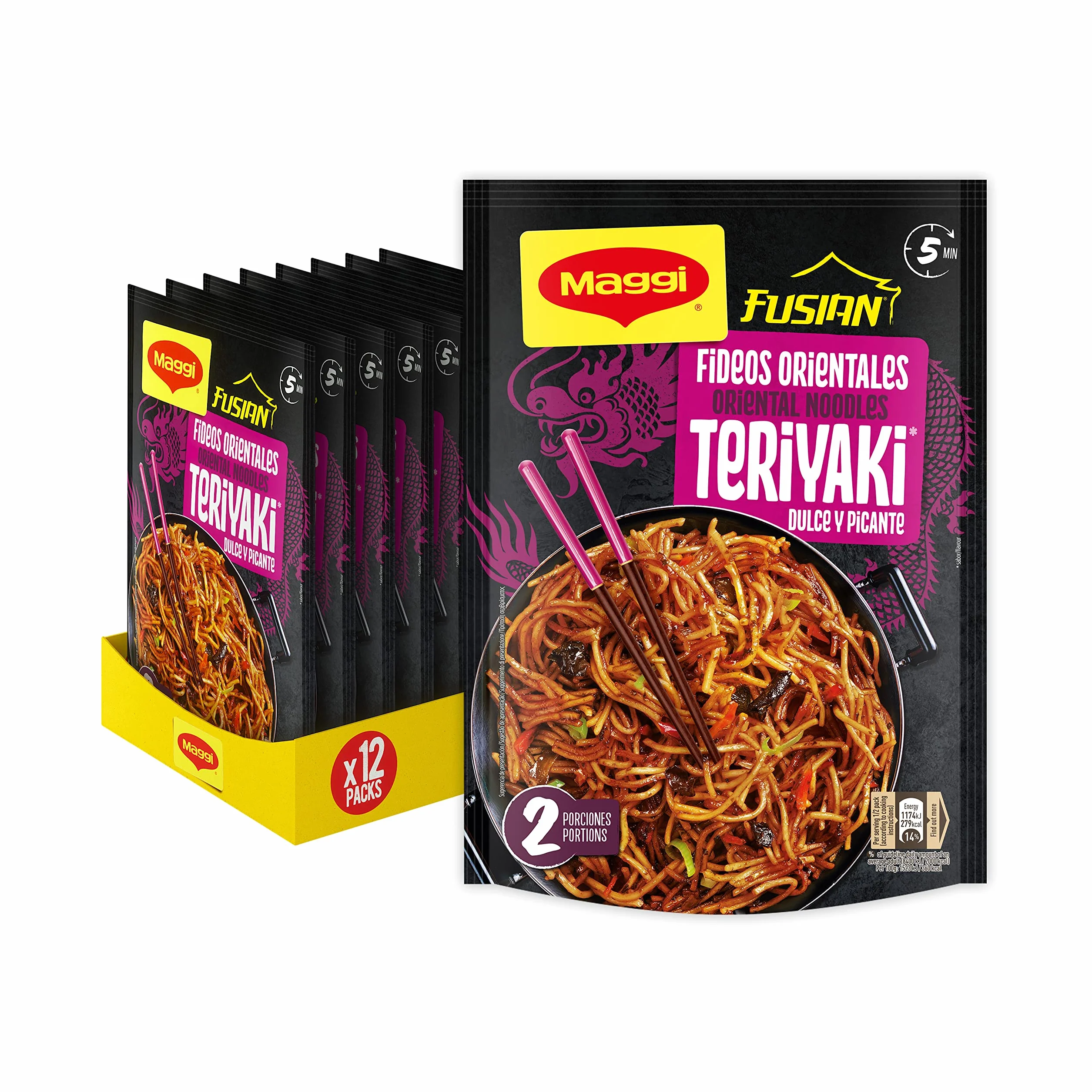 Maggi Fusian Fideos Orientales Teriyaki, 130 g, pack 12 | Listos en 5 minutos