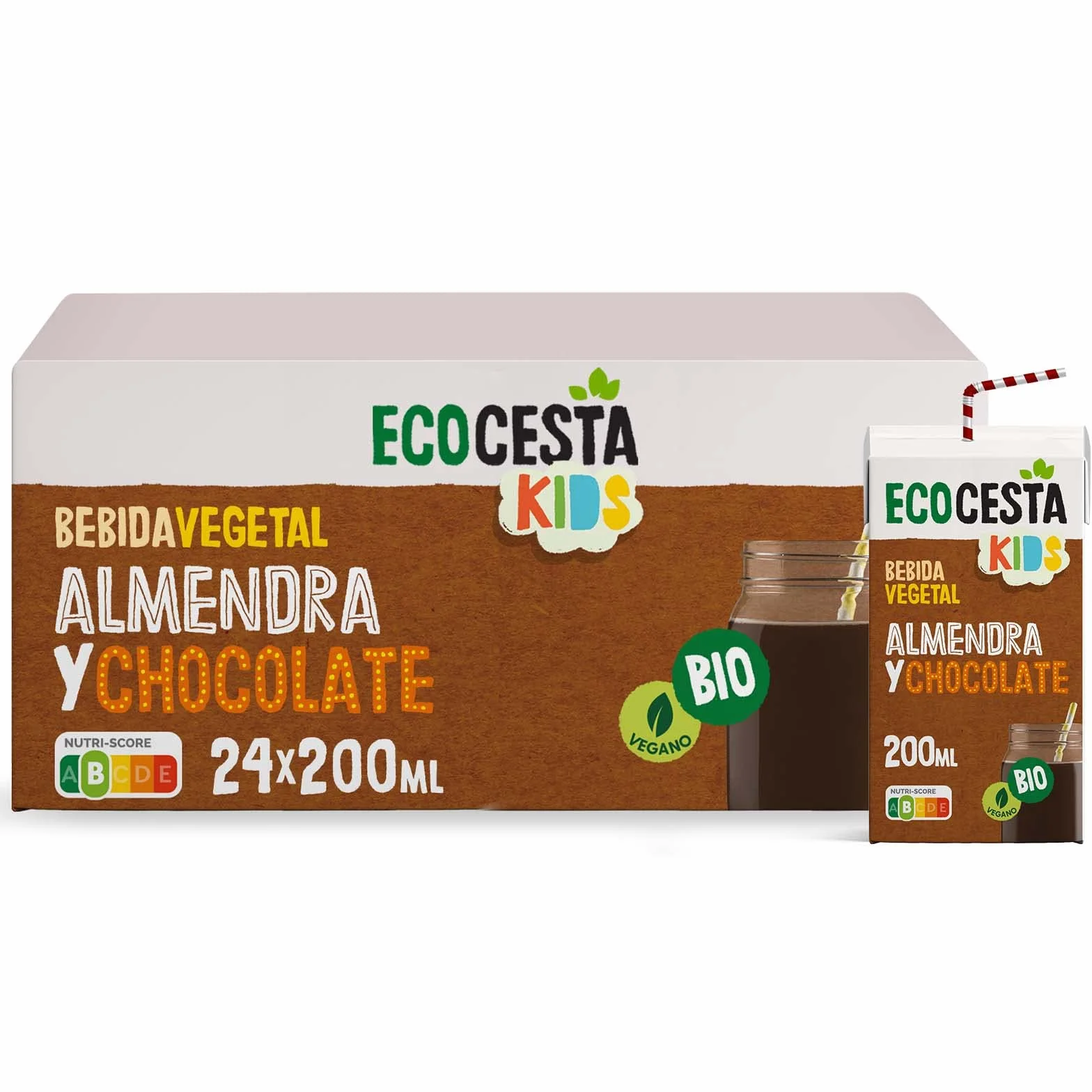 ECOCESTA Bebida Ecológica Vegetal de Almendra y Chocolate 200 ml Pack 24 Unidades