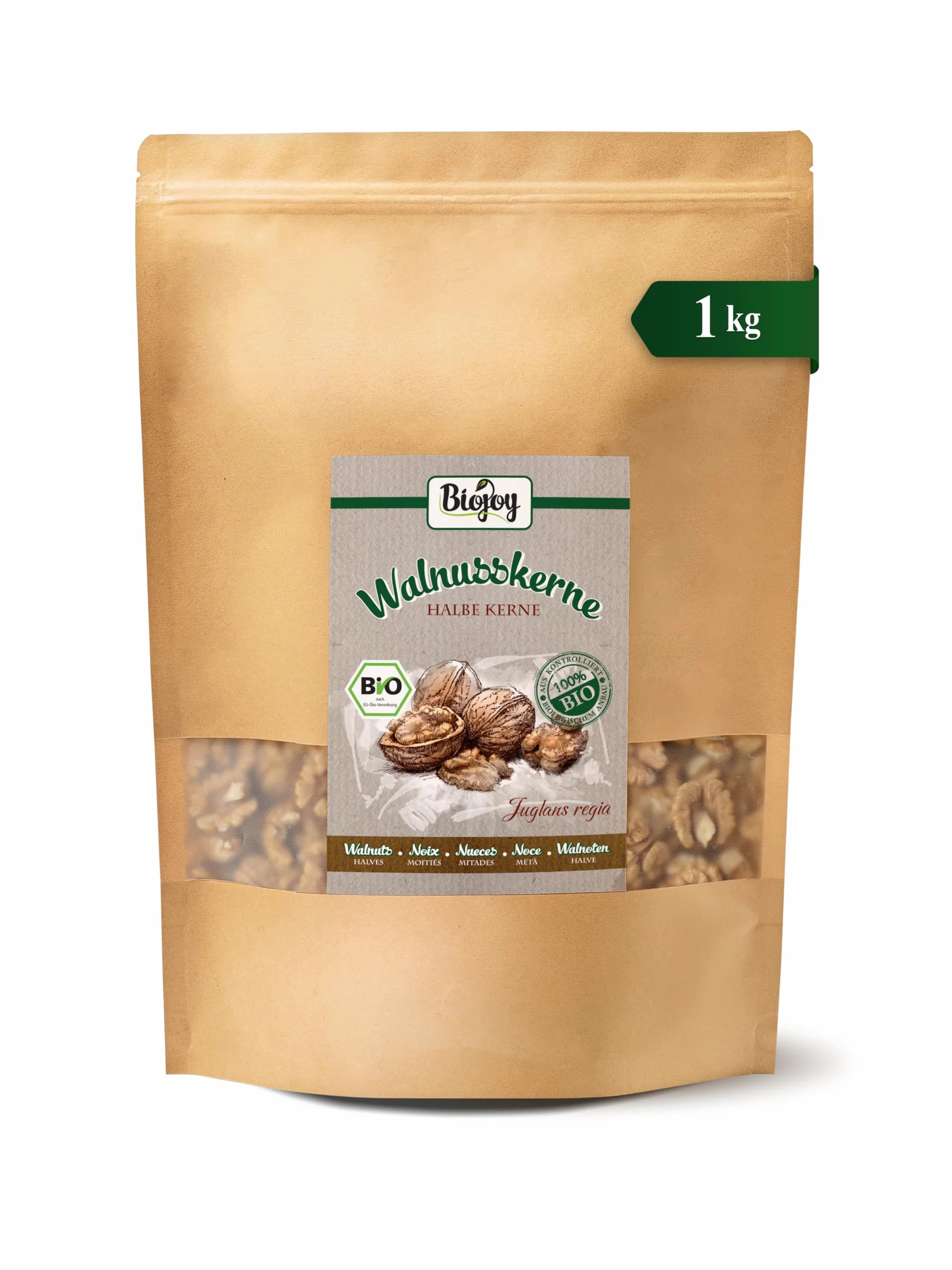 Biojoy Nueces Peladas Ecológicas (1 kg Mitades), crudas y sin aditivos (Juglans regia)