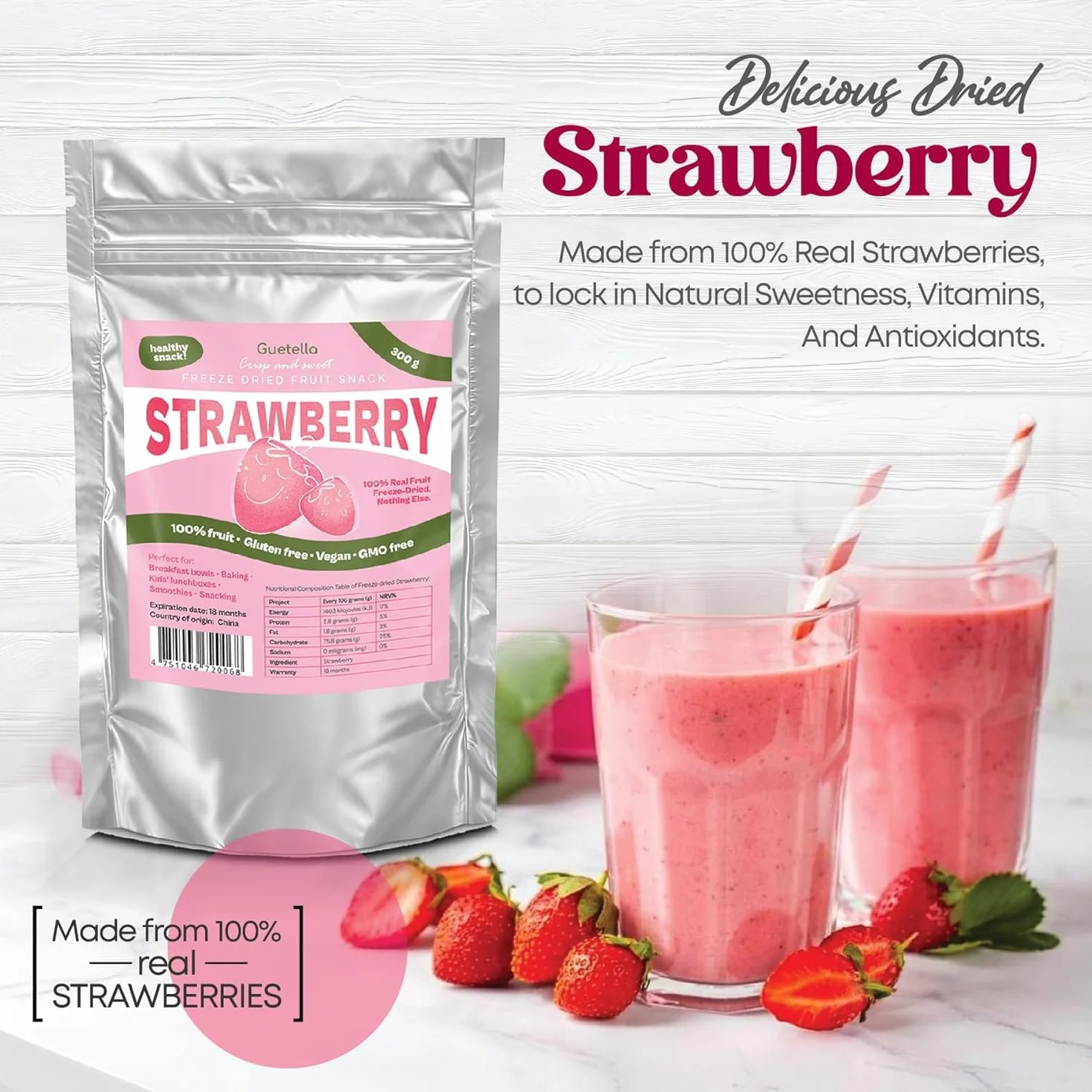 Fresas liofilizadas chips 100% fruta deshidratada natural sin aditivos snack