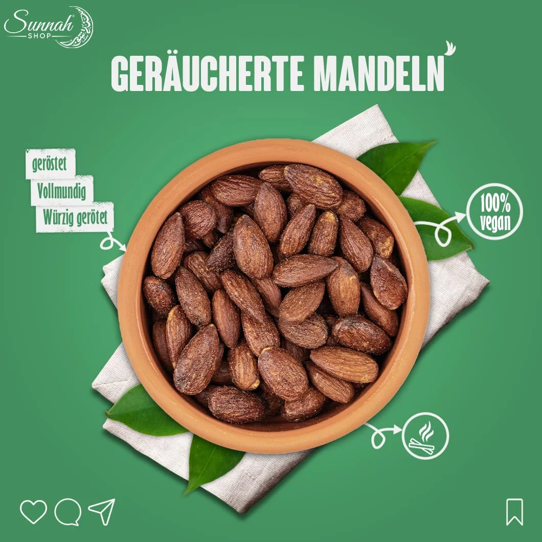 Almendras ahumadas Sunnah Shop® 1KG BBQ asadas, ahumadas y saladas | Almendras crujientes con un abundante aroma ahumado | proteína vegana | Almendras ahumadas Almendra tostada y salada