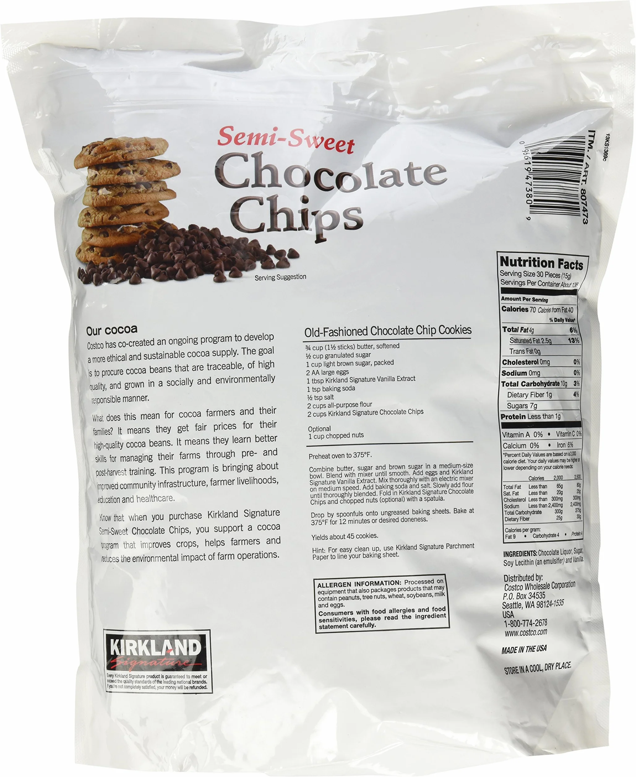 Kirkland chips de chocolate semidulce 2.04kg 51% cacao sabor vainilla