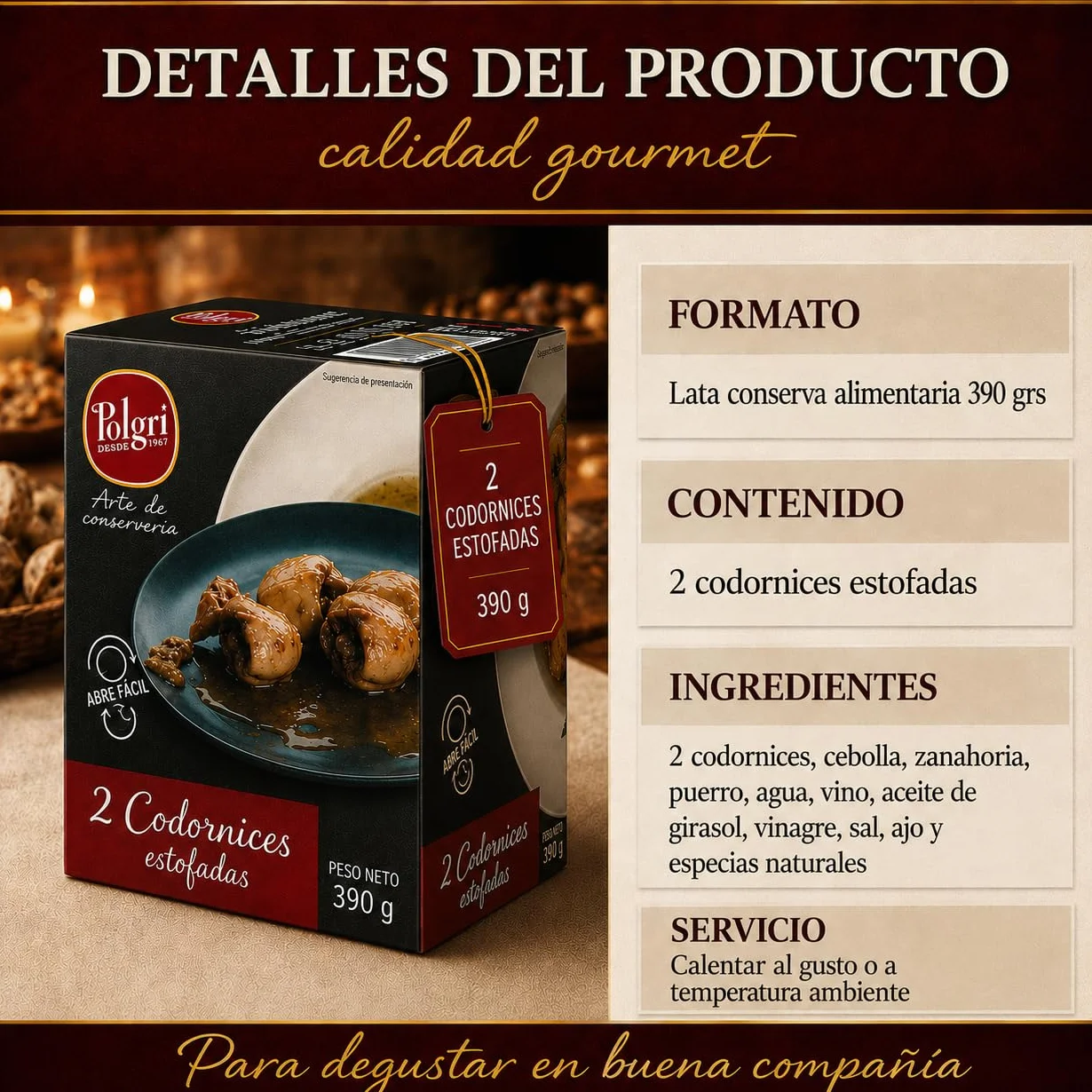 POLGRI Codornices Estofadas Toledana Conserva de Caza 390 g x 3 Latas Estuchada Plato Preparado Receta Espanola