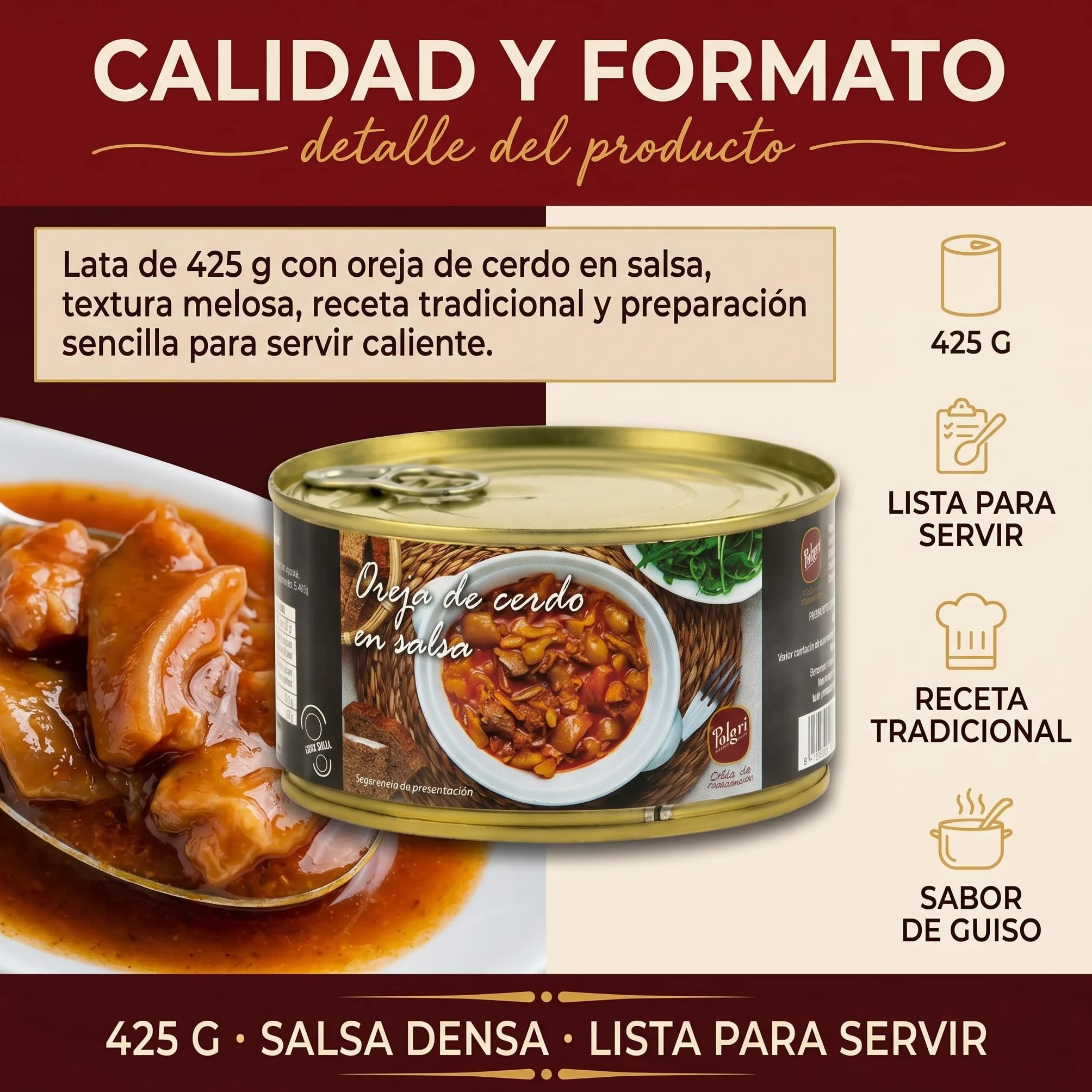 POLGRI Oreja de Cerdo en Salsa 425g x 3 latas Receta Tradicional de La Mancha Lista para Comer