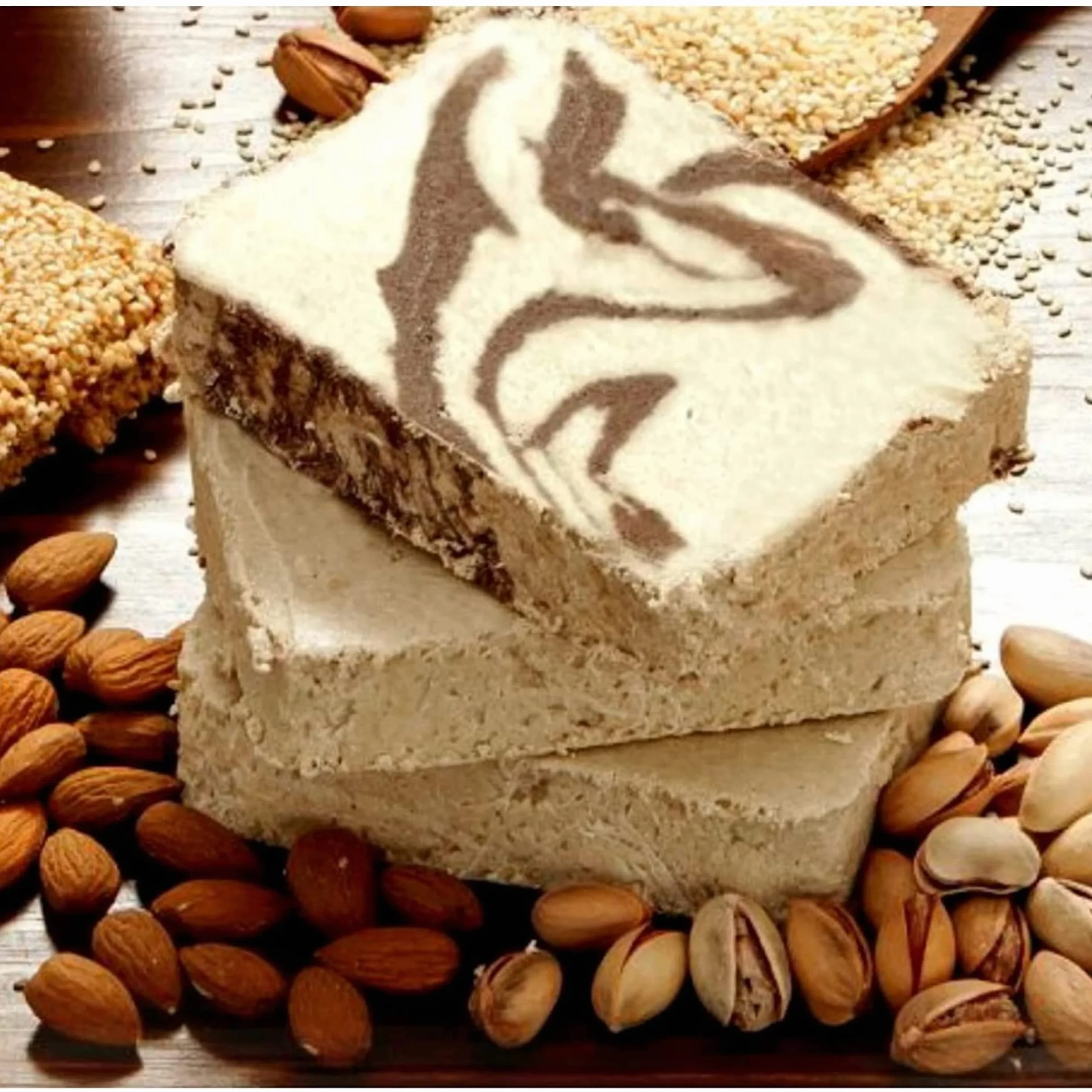 HALVA400-Halva Con Gota De Pistacho O Vainilla (Lote De 2 cajas) Muy apreciado por todo el mundo rico en nutrientes, proteínas y calcio, un excelente postre para grandes y pequeños.