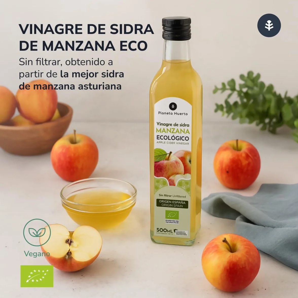 PLANETA HUERTO Pack 6x Vinagre de Sidra de Manzana Sin Filtrar ECO 500 ml