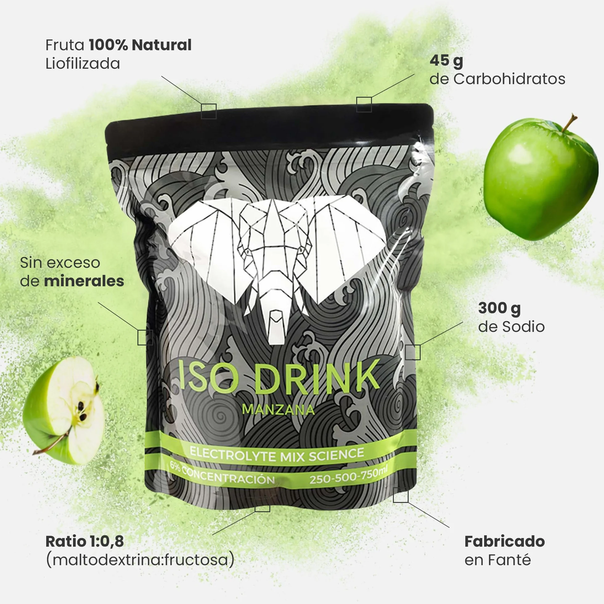 FANTÉ Iso Drink Manzana Verde | Bebida Isotónica en Polvo con 45 g de Carbohidratos, 300 mg de Sodio y Ratio 1:0,8 para Running, Ciclismo y Resistencia (Saco 500 g)