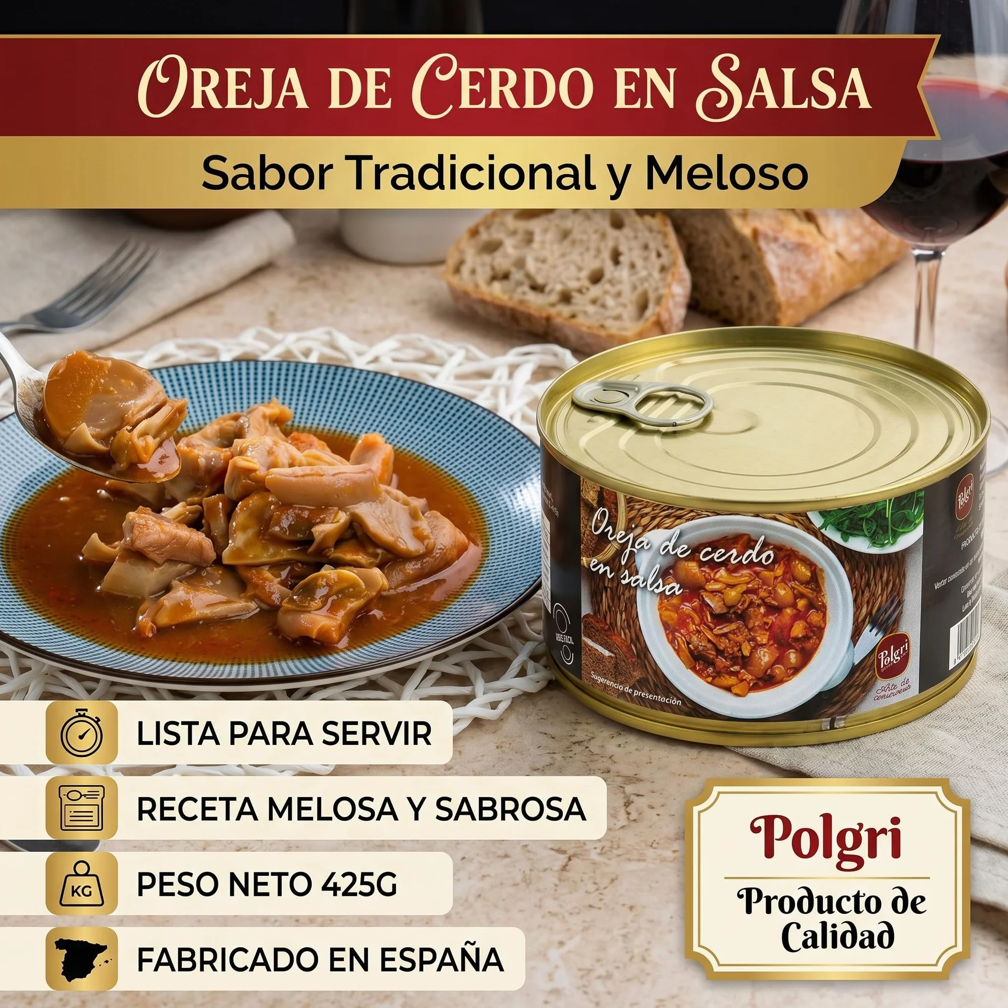 POLGRI Oreja de Cerdo en Salsa 425g x 3 latas Receta Tradicional de La Mancha Lista para Comer