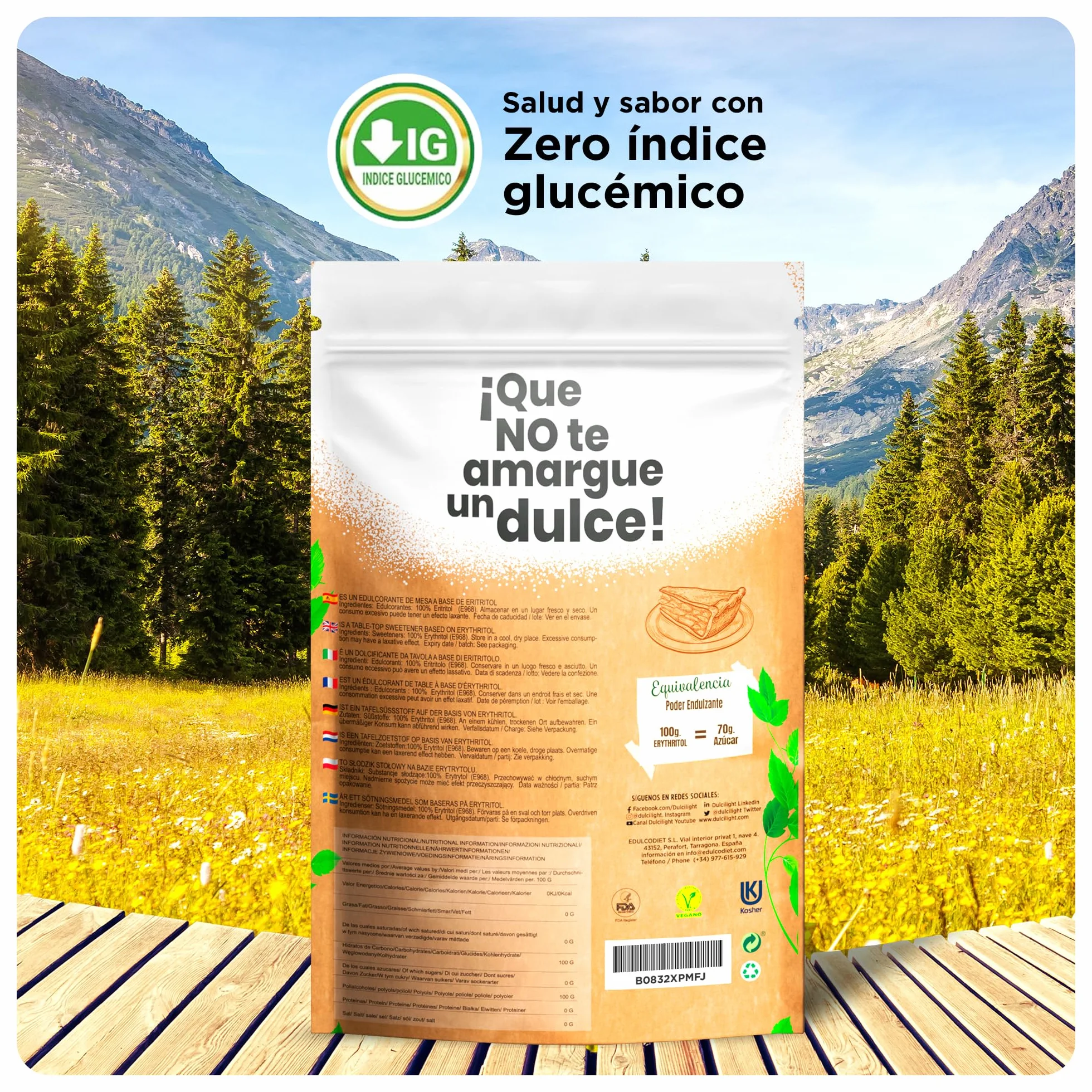Dulcilight Edulcorante Eritritol 2Kg Zero Calorías Sustituto del Azúcar Sabor Natural No GMO Keto Vegano Libre de Gluten