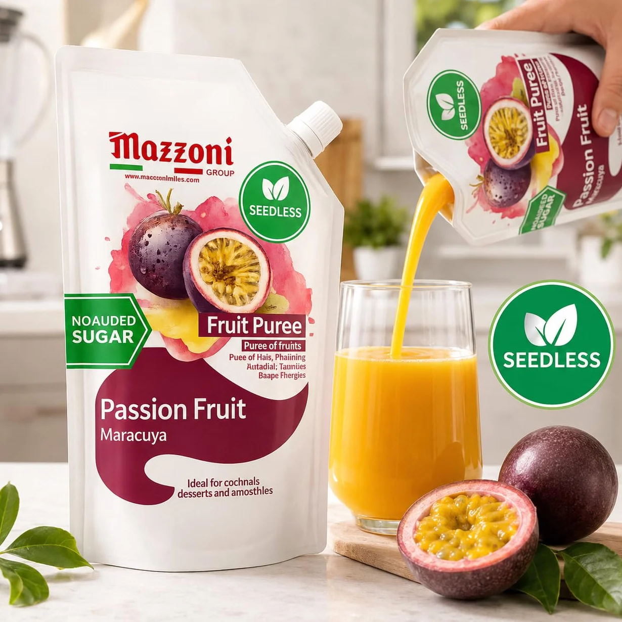 Mazzoni - Puré de zumo de maracuyá, 100% maracuyá, 2,2 libras (35,2 onzas) Solo fruta, sin azúcar añadido, sin semillas. Mezclador de frutas real para cócteles, batidos, bebidas, zumo de fruta, bolsa