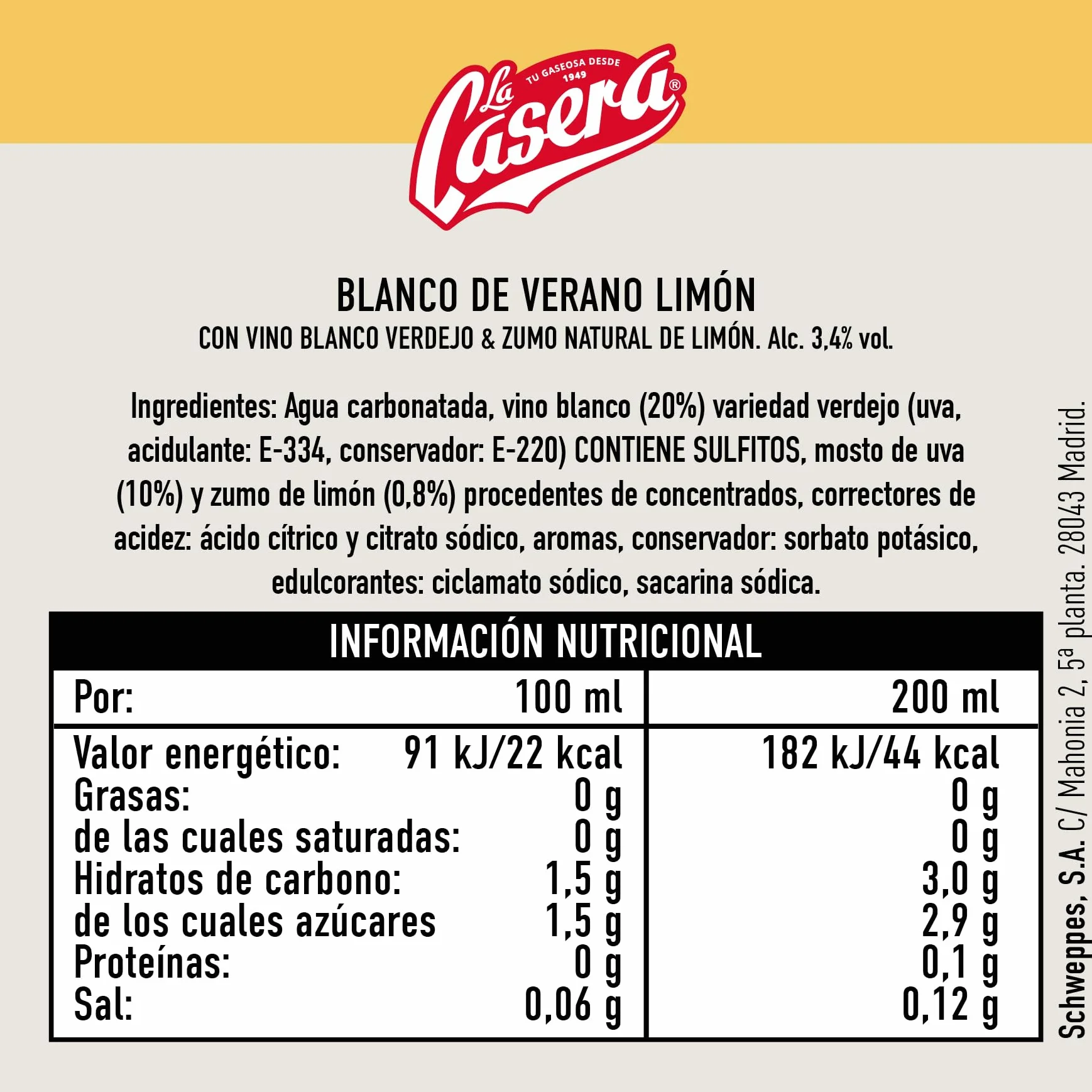 La Casera Blanco de Verano Bebida de Vino Blanco y Zumo Natural de Limón Pack 24 x 33 cl