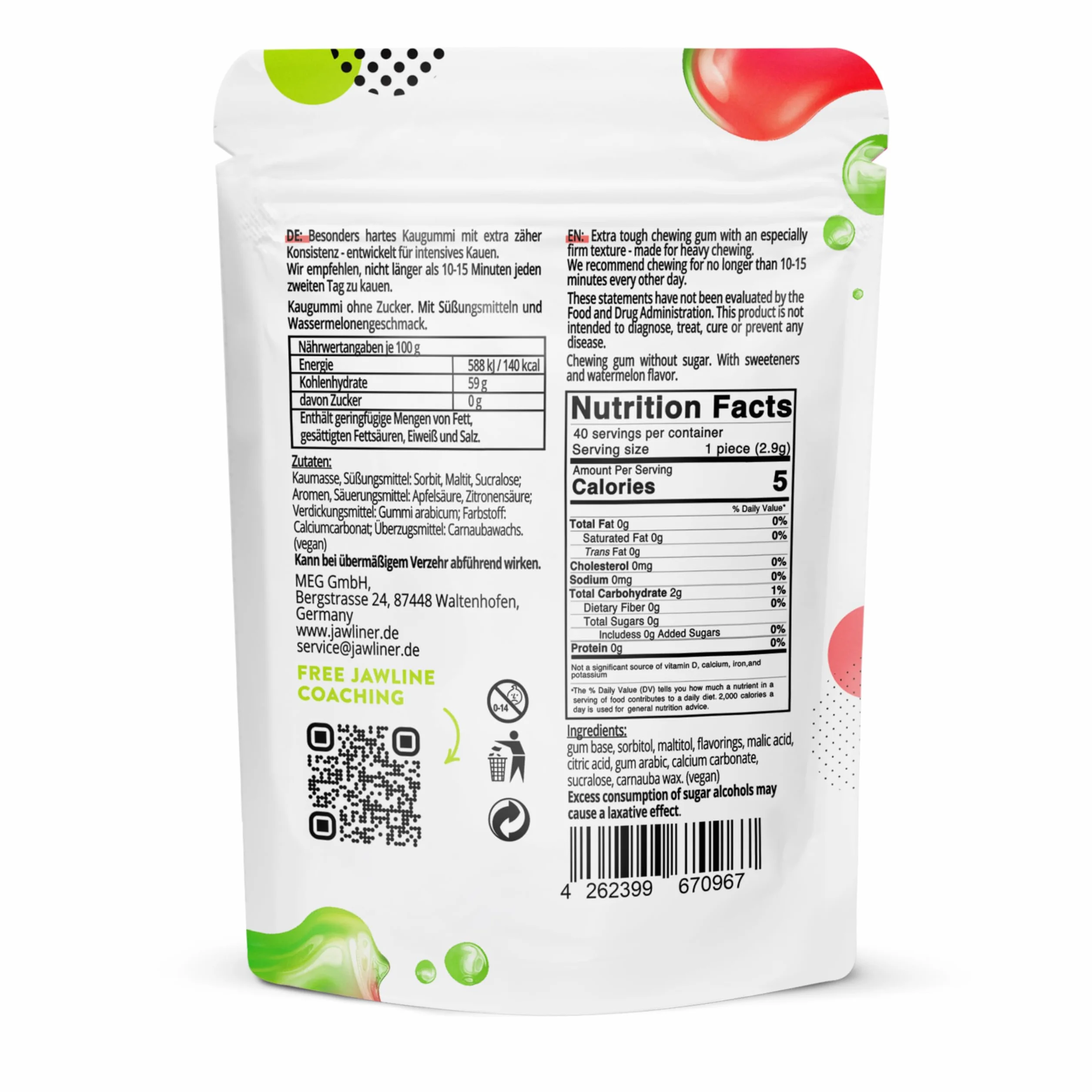 Jawliner® Goma de mascar dura para fitness facial - Ejercitador de mandíbula para esculpir músculo masetero, resistencia 6-10 veces más fuerte, vegana sin azúcar