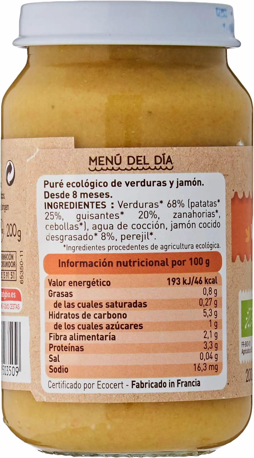 Babybio Potito Verduras Y Jamon 200 Gr 200 Gramos - Linea Menu Tradicion - 400 g