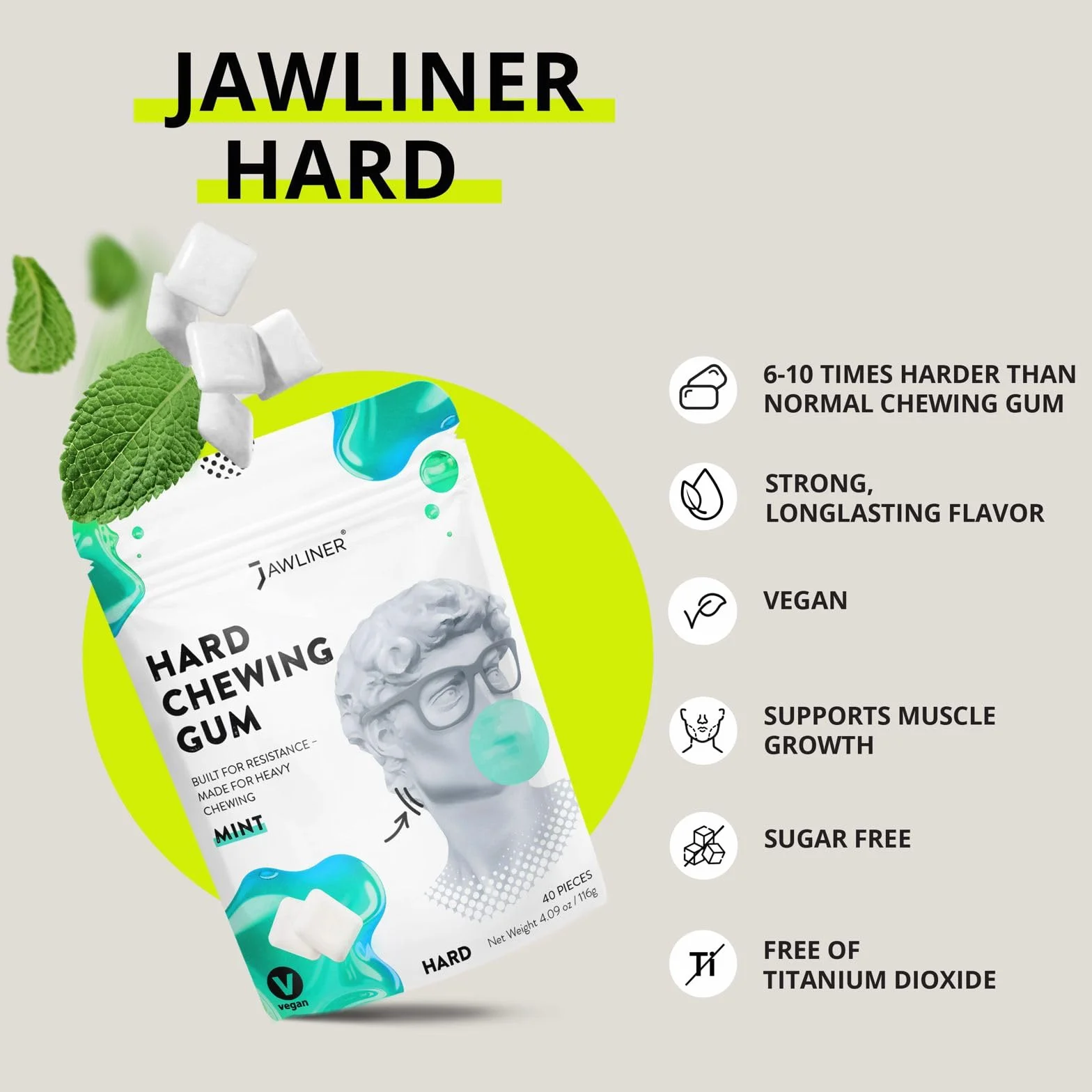 Jawliner® Goma de mascar dura para fitness facial - Ejercitador de mandíbula para esculpir músculo masetero, resistencia 6-10 veces más fuerte, vegana sin azúcar