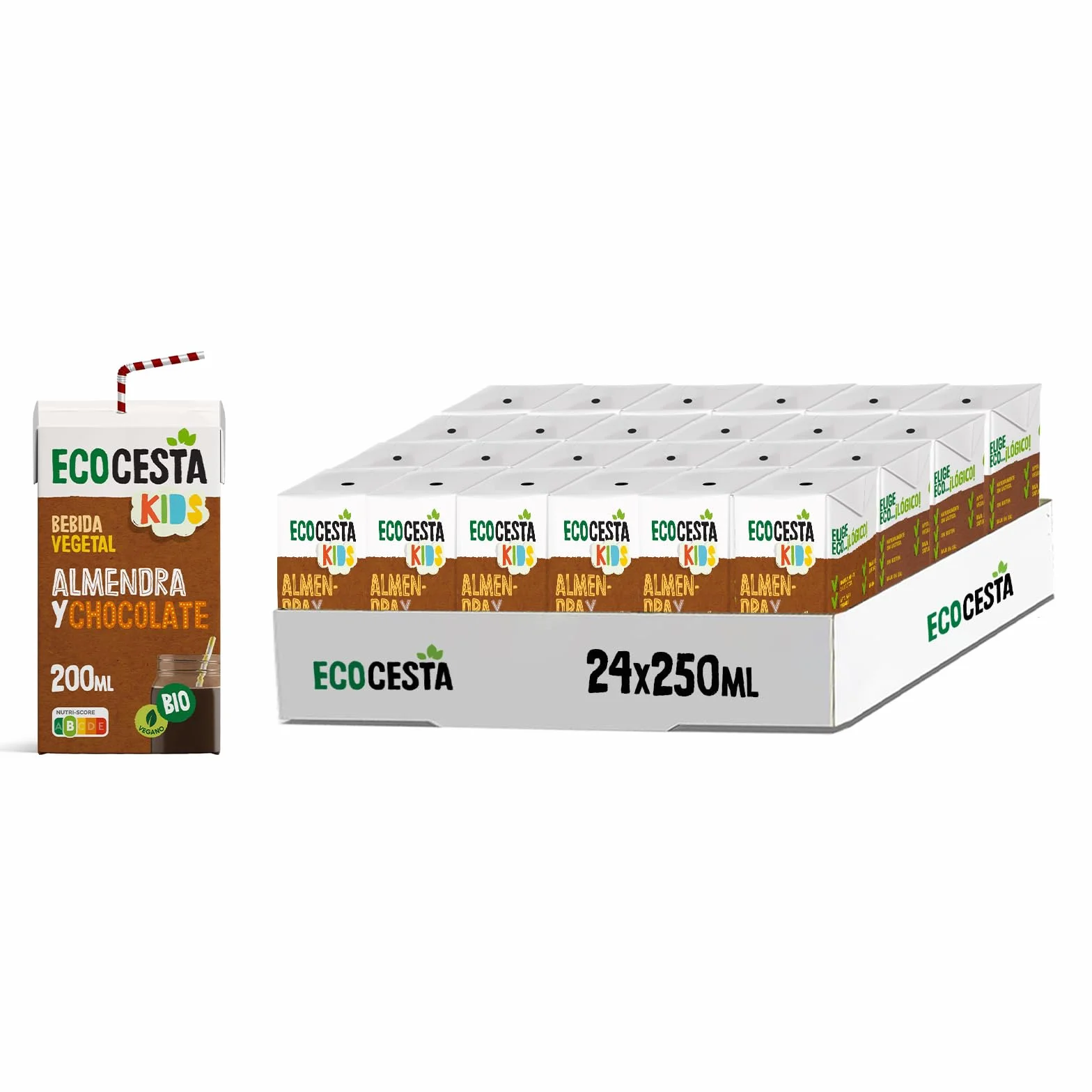 ECOCESTA Bebida Ecológica Vegetal de Almendra y Chocolate 200 ml Pack 24 Unidades