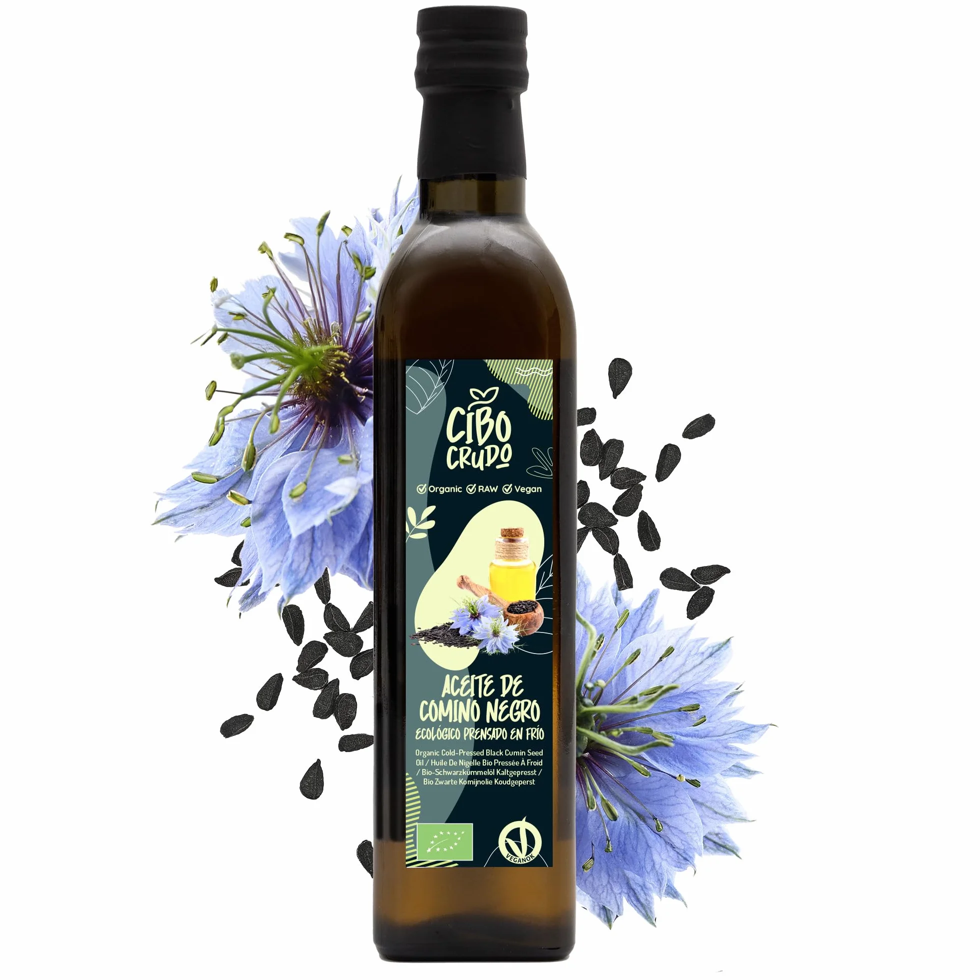 Aceite de Comino Negro Bio - 500ml. Aceite de Semilla Negra también llamado Nigella Sativa es Rico en Omega 6/9 y Timoquinona ideal para Condimentos - Black Seed Oil Organic Cold Pressed