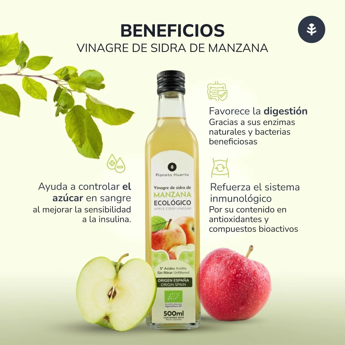 PLANETA HUERTO Pack 6x Vinagre de Sidra de Manzana Sin Filtrar ECO 500 ml