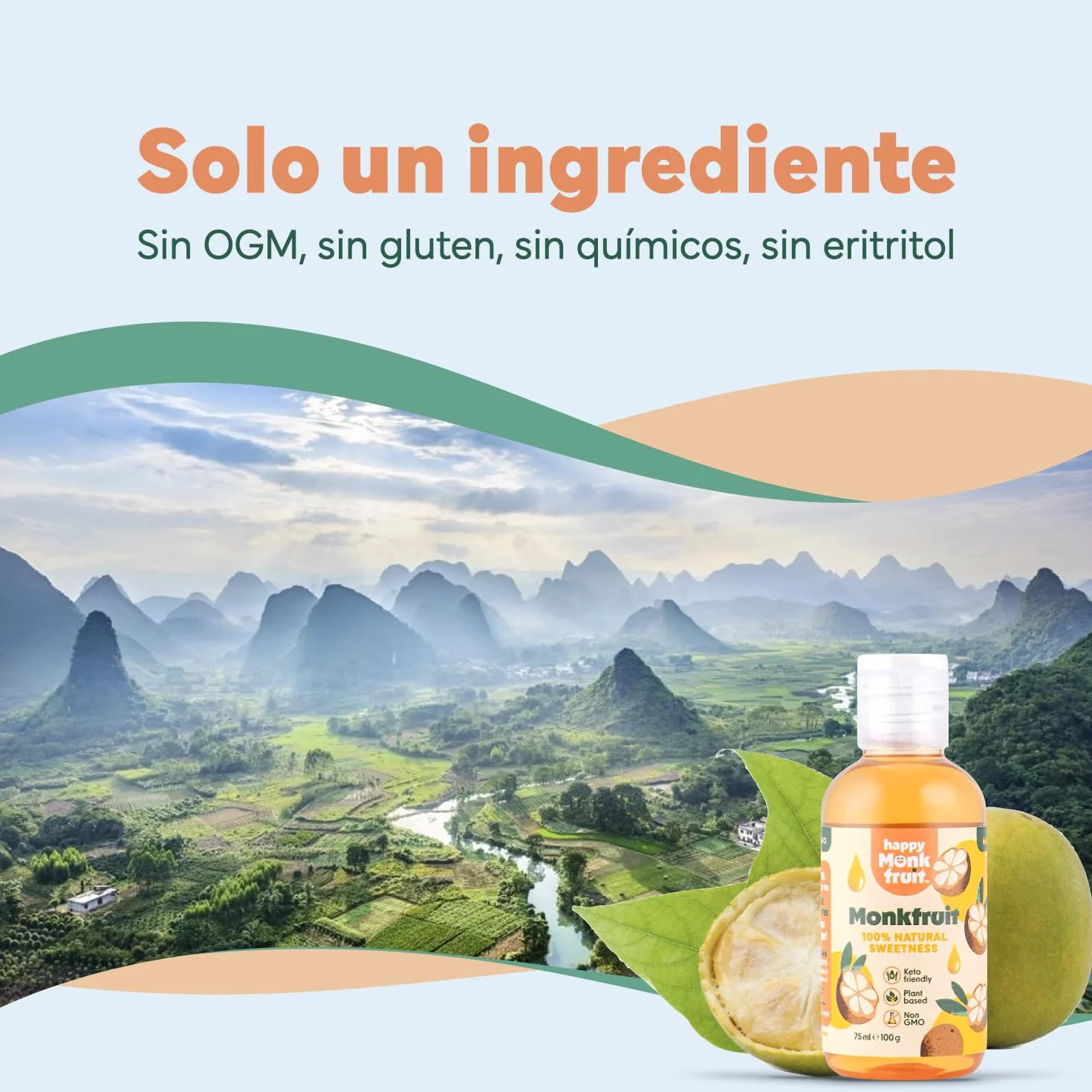 Happy Monkfruit® Fruta del Monje Gotas Edulcorante 75ml 250 Porciones 15x Más Dulce que el Azúcar Sin Eritritol ni Stevia Endulzante Natural Keto Vegano