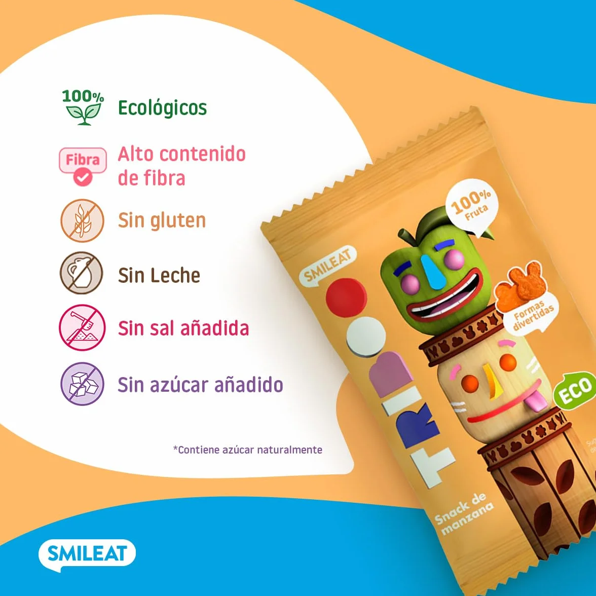 Smileat - Pack de 15 TRIBOO Snacks de Fruta sabor Manzana - Aperitivo para Niños - Alternativa a Gominolas y Chuches - Ideal para el Cole y Meriendas - 375g