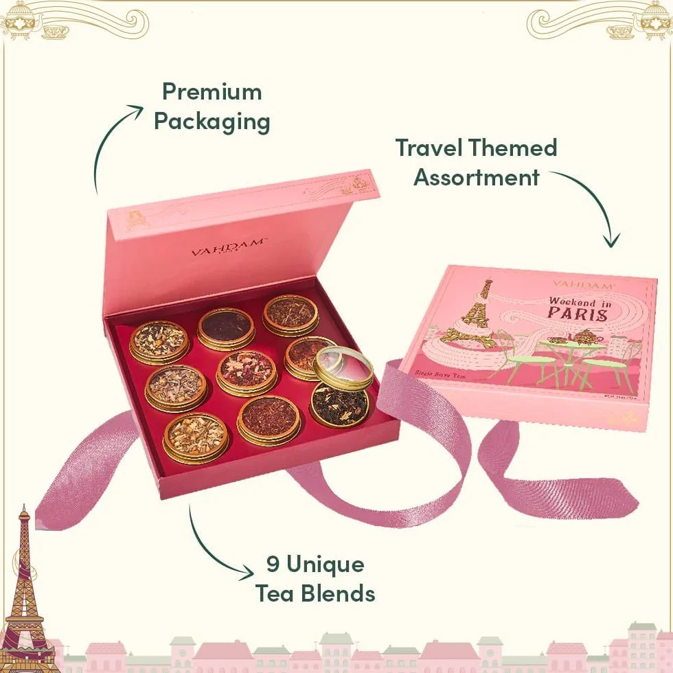 VAHDAM Weekend In Paris Caja De Regalo De Té Surtido 9 Infusiones Té Chai Y Tés Negros Sin Gluten Sin OGM