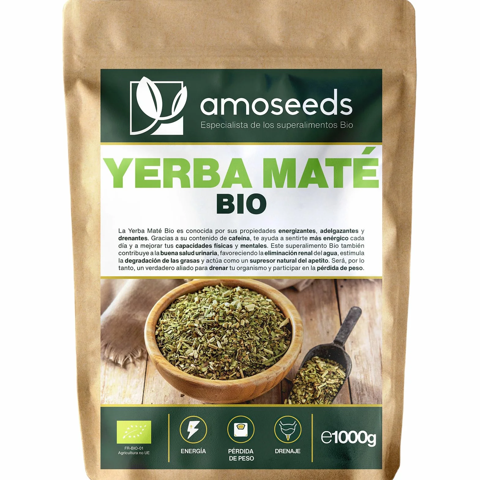 Yerba Maté BIO 1KG | Yerba mate verde sin fumar | 100% hojas, sin tallo | Energía, alternativa al café | Primera Calidad