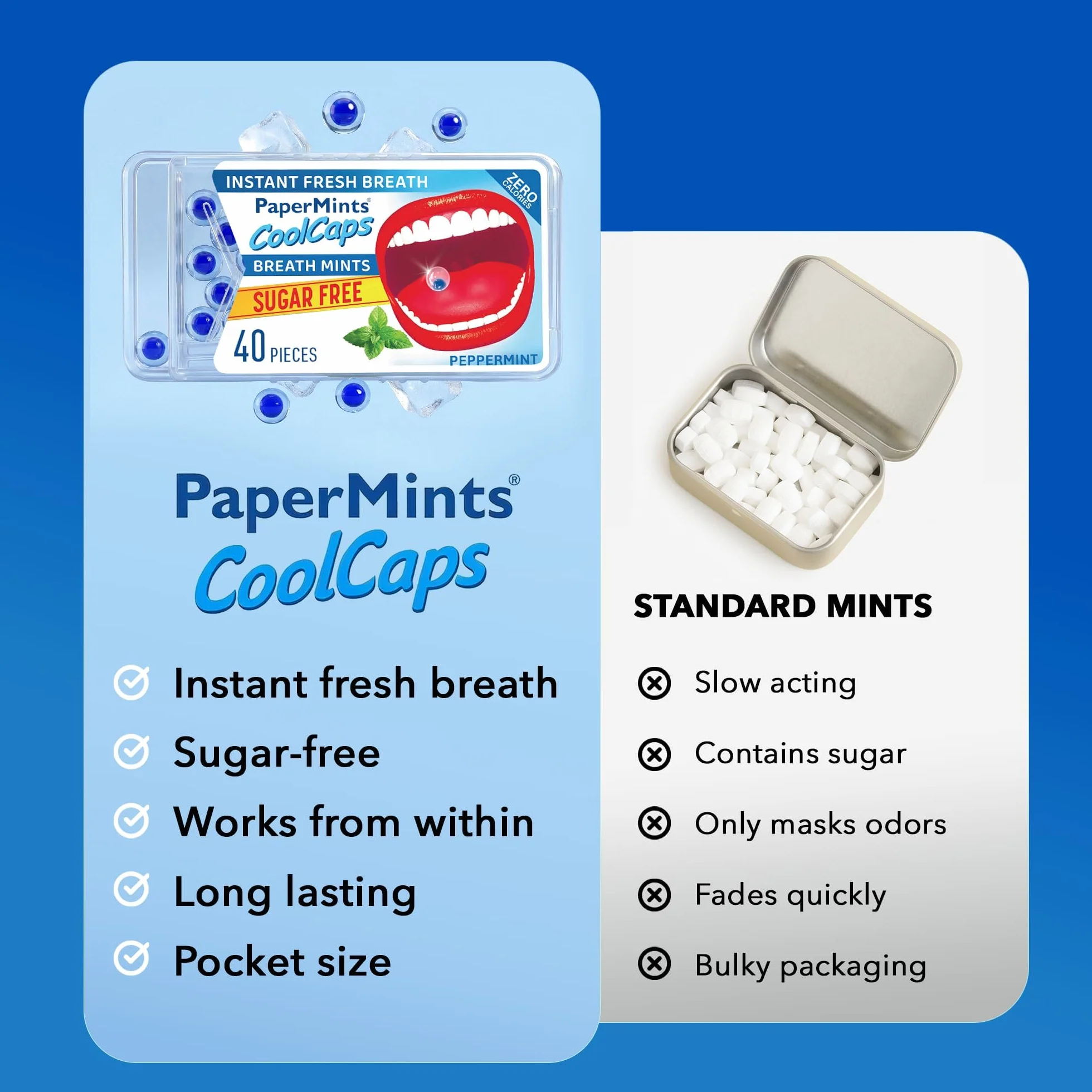 Papermints CoolCaps - Caja de mentas frescas instantáneas para el aliento, paquete de 40 x 4, ambientador y tratamiento para el mal aliento para adultos, tratamiento de halitosis, limpia y refresca tu