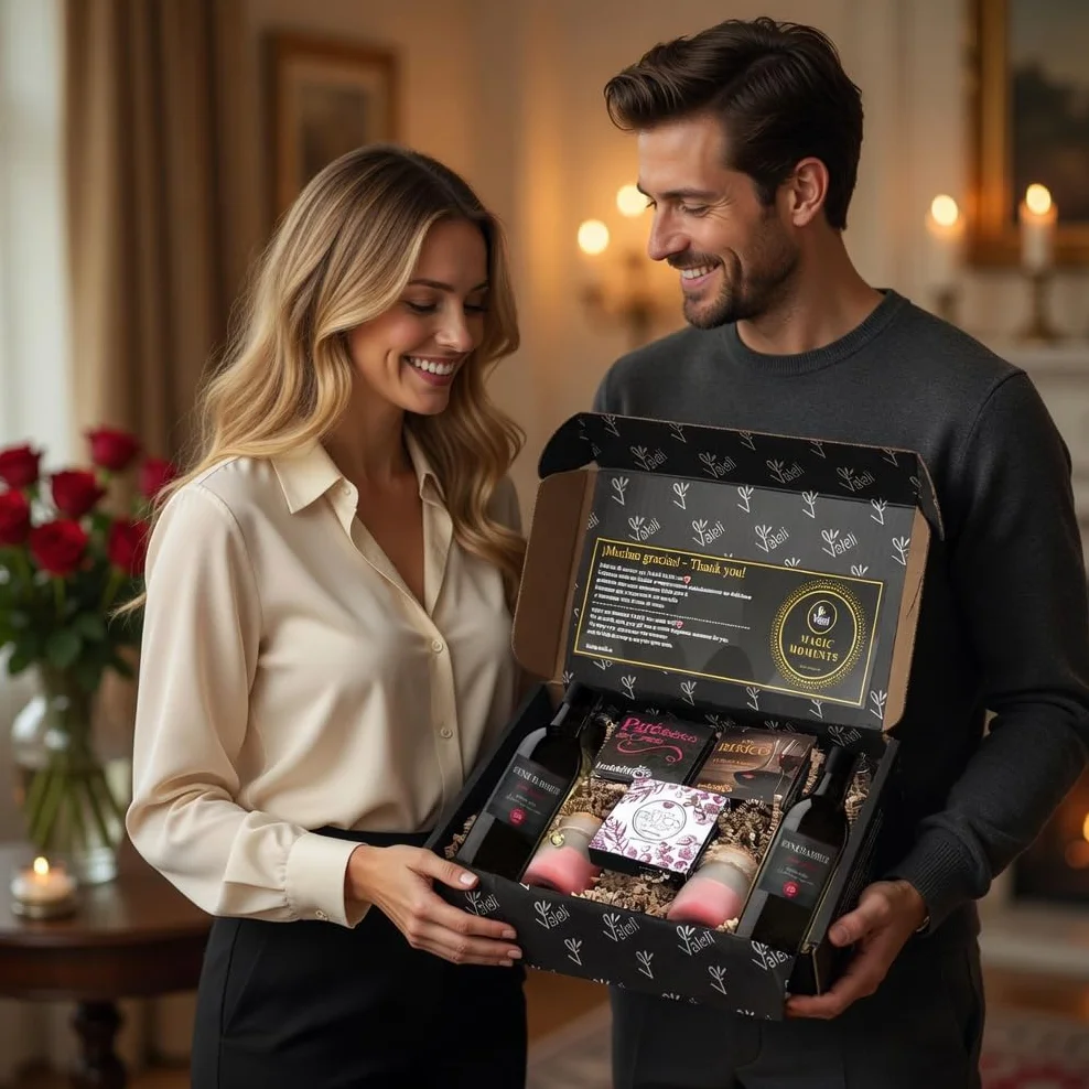 VALELI Cesta Gourmet para Regalar con Patés Ibéricos, 2 Botellas de Vino 25cl y 2 Velas Decorativas