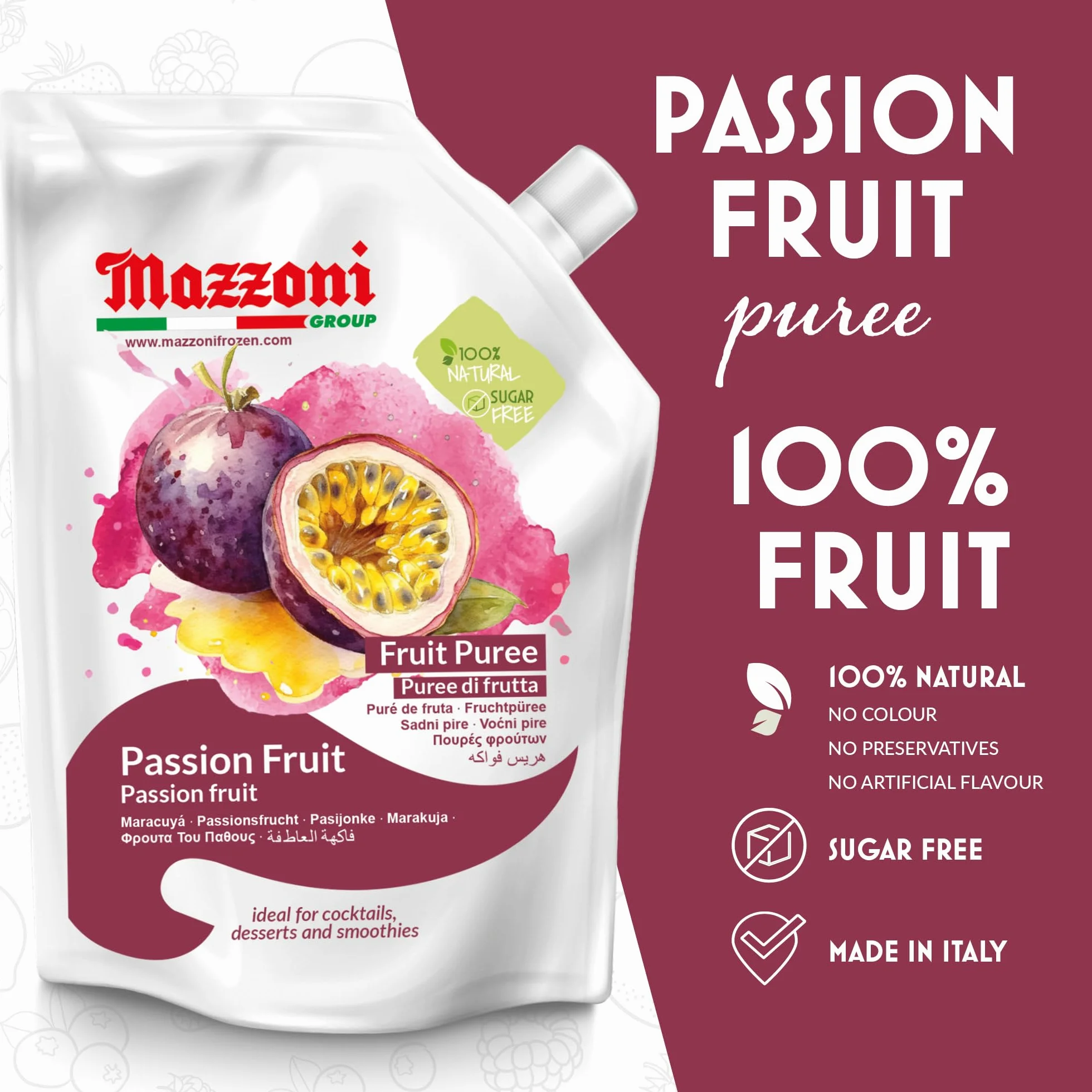 Mazzoni - Puré de zumo de maracuyá, 100% maracuyá, 2,2 libras (35,2 onzas) Solo fruta, sin azúcar añadido, sin semillas. Mezclador de frutas real para cócteles, batidos, bebidas, zumo de fruta, bolsa