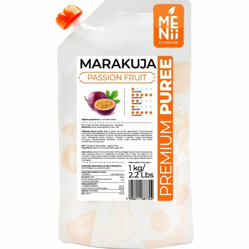 Puré de maracuyá 1 kg con azúcar – SIN semillas – Fruta tropical triturada para postres, helados, smoothies, cócteles, salsas y repostería – Formato profesional para hostelería y cocina casera