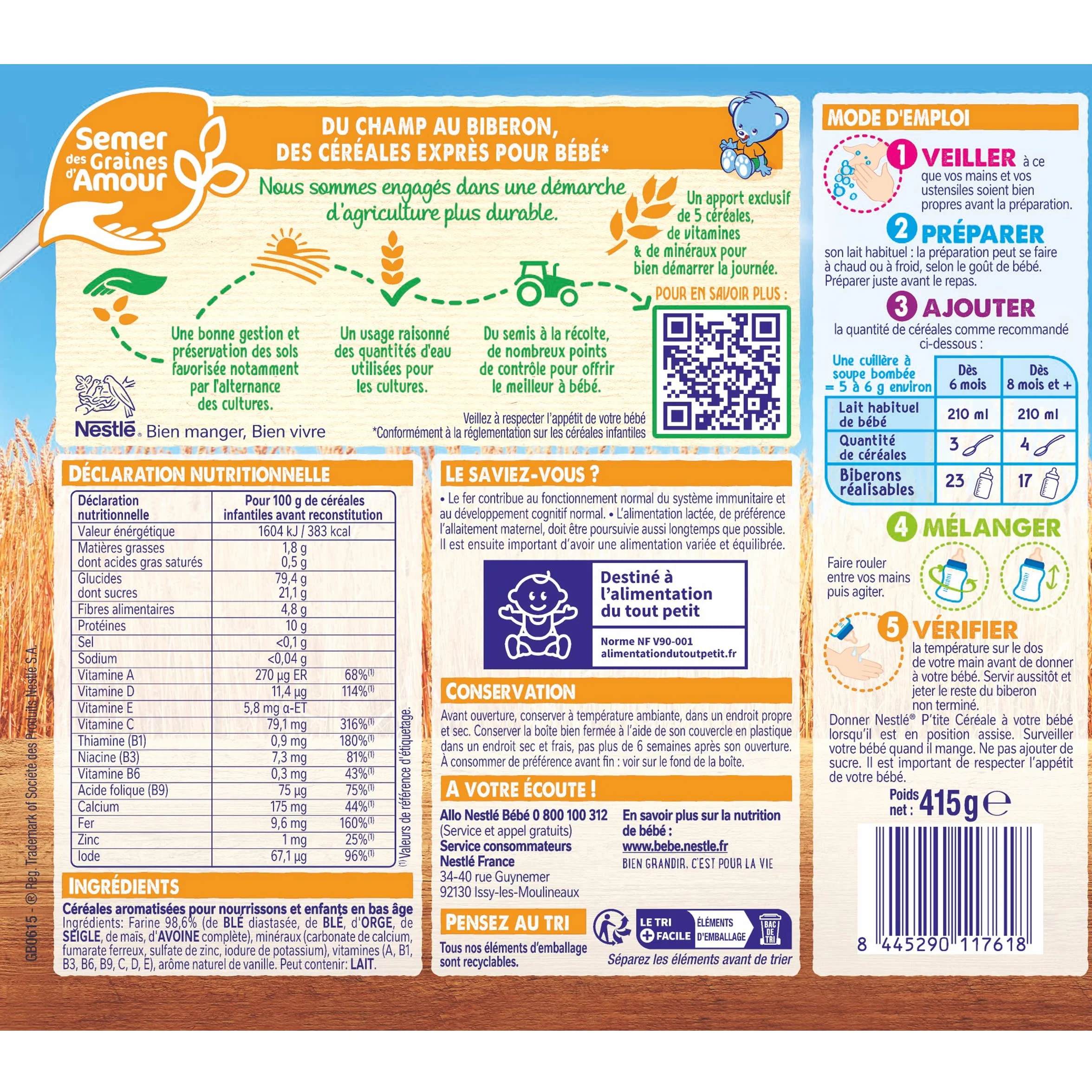 Nestlé Bébé P'tite cereales secos vainilla – a partir de 6 meses – Caja de 415 g