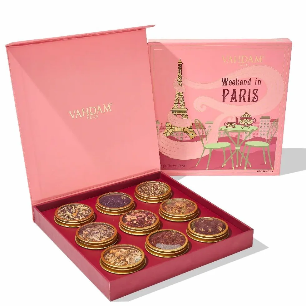 VAHDAM Weekend In Paris Caja De Regalo De Té Surtido 9 Infusiones Té Chai Y Tés Negros Sin Gluten Sin OGM