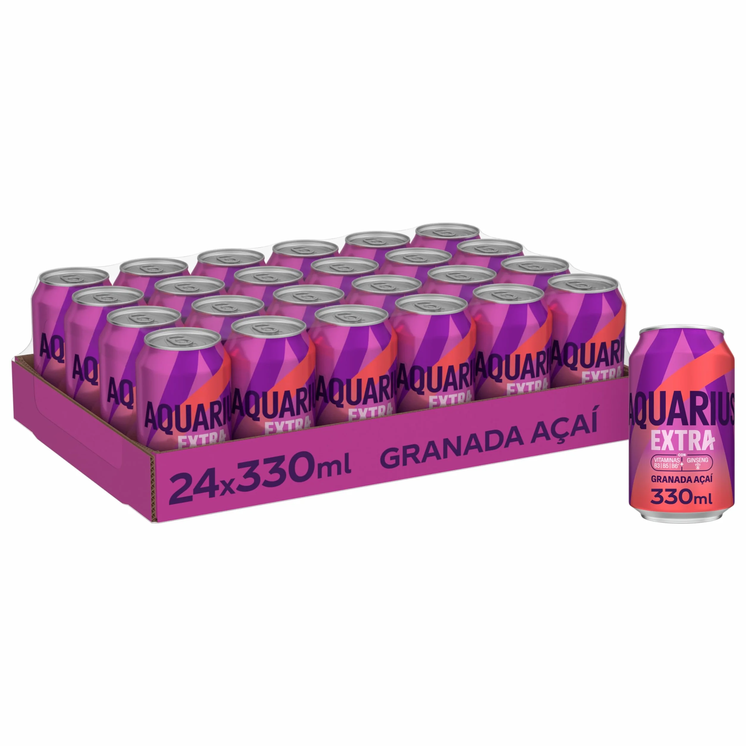 Aquarius Extra Granada Açaí, Bebida Baja en Calorías con Vitaminas B3 B5 B6, Minerales y Ginseng, Refresco Hidratante- Pack 24 Latas 330 ml