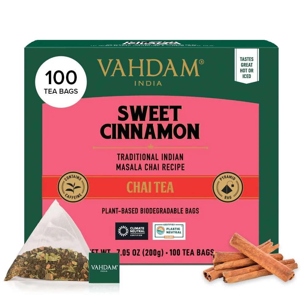 VAHDAM Té Chai de Canela Dulce | 100 Bolsitas Piramidales | Mezcla de Té Negro Assam con Canela y Cardamomo | Sabor Chai Especiado | Sellado al Vacío para Frescura