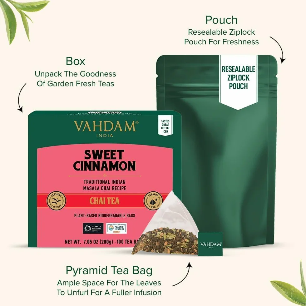VAHDAM Té Chai de Canela Dulce | 100 Bolsitas Piramidales | Mezcla de Té Negro Assam con Canela y Cardamomo | Sabor Chai Especiado | Sellado al Vacío para Frescura
