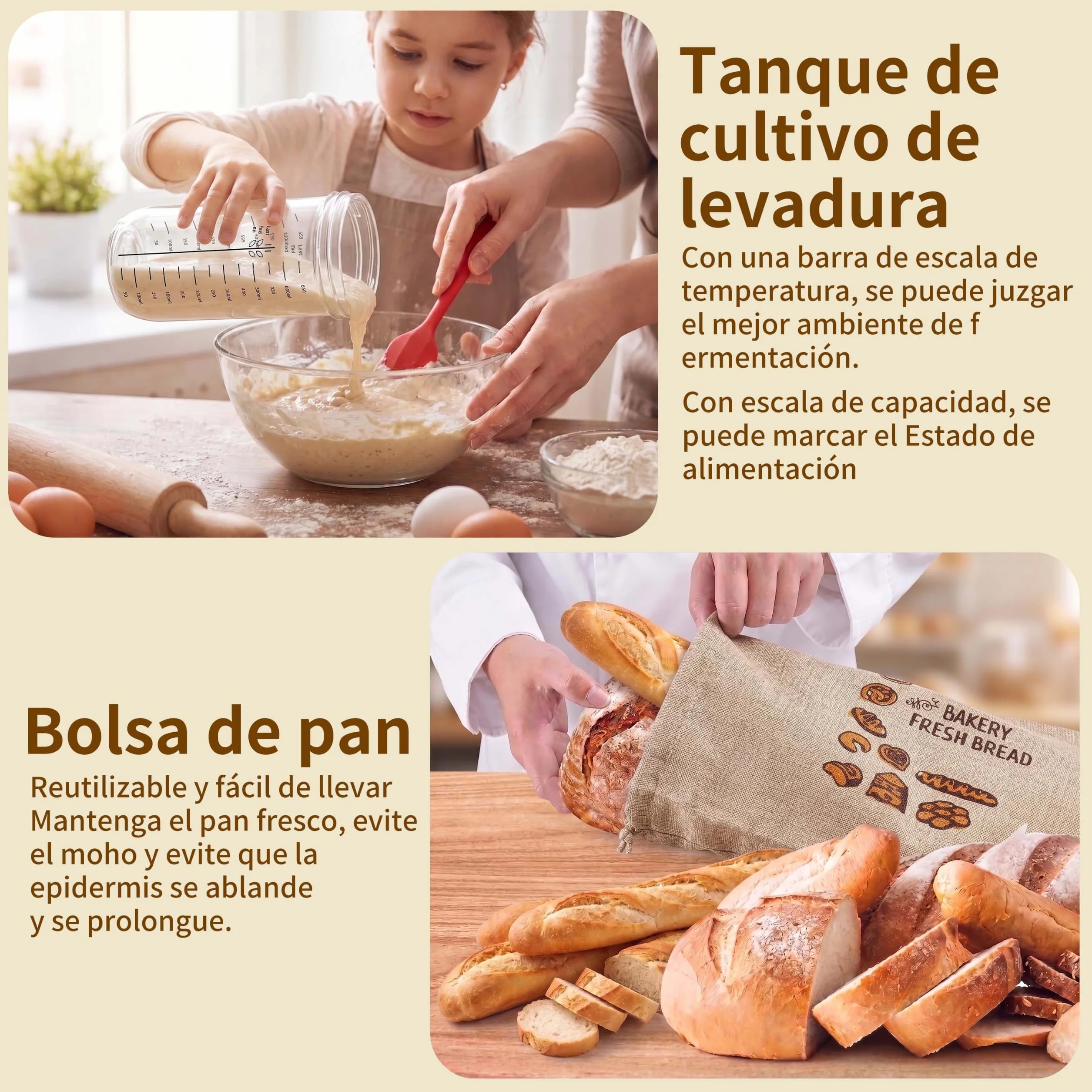 Kit Completo de Inicio de Masa Madre 11 Piezas, Cesta Oval de Ratán Artesanal, Tarro y Accesorios para Hacer Pan