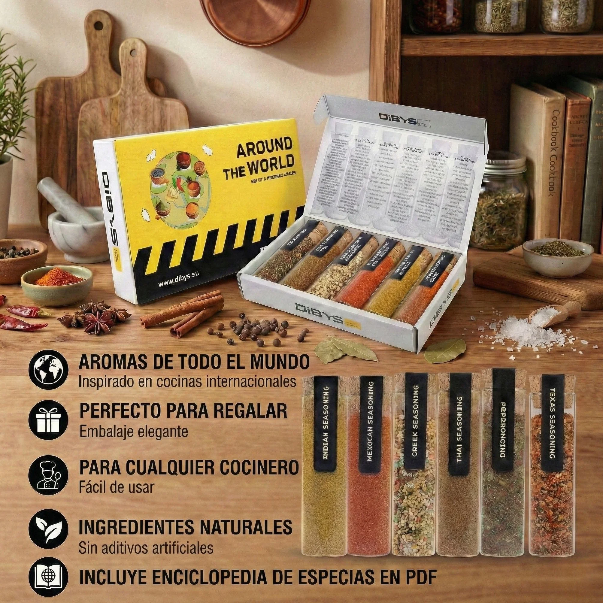 DIBYS Set de Regalo Especias de Todo el Mundo 6 Mezclas con Recetas