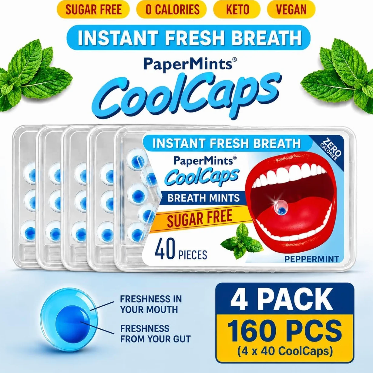 Papermints CoolCaps - Caja de mentas frescas instantáneas para el aliento, paquete de 40 x 4, ambientador y tratamiento para el mal aliento para adultos, tratamiento de halitosis, limpia y refresca tu