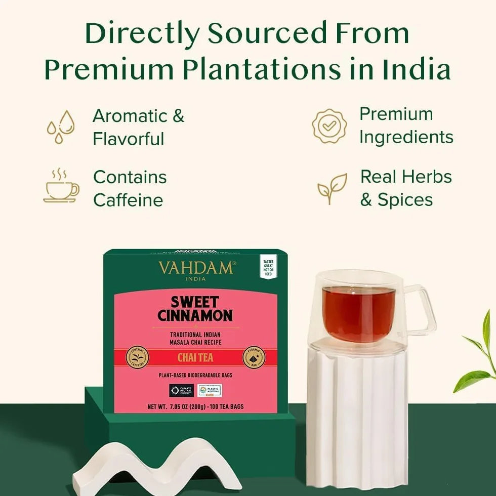 VAHDAM Té Chai de Canela Dulce | 100 Bolsitas Piramidales | Mezcla de Té Negro Assam con Canela y Cardamomo | Sabor Chai Especiado | Sellado al Vacío para Frescura