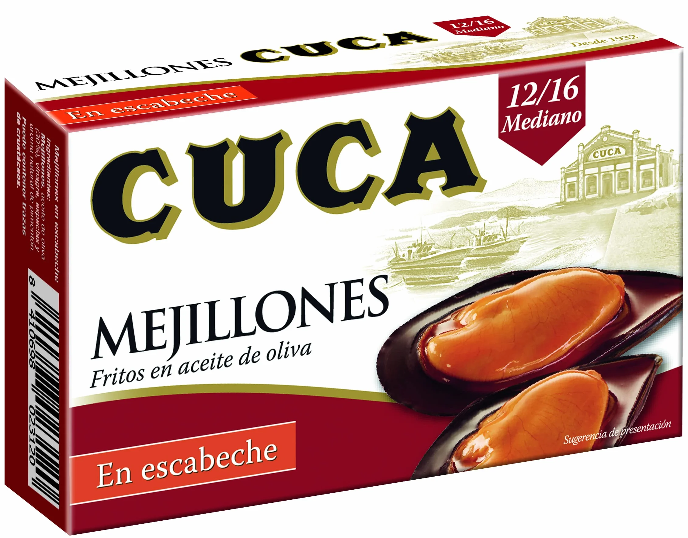 Mejillones Cuca en escabeche 5 latas 115gr pack 12/16 piezas tamaño mediano