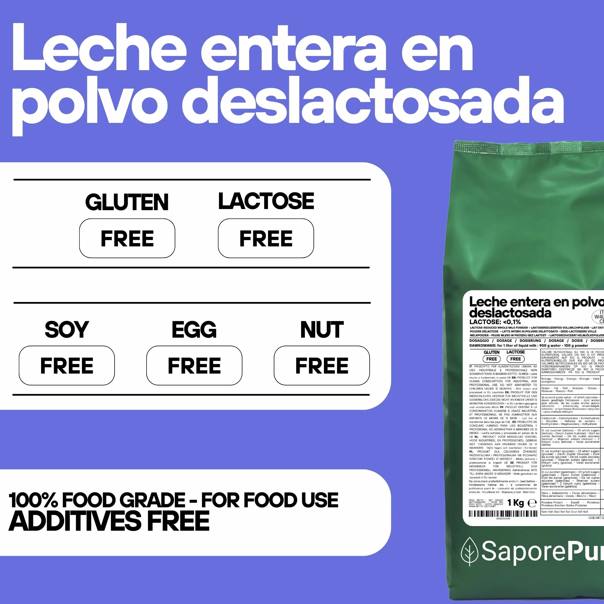 SaporePuro Leche Entera en Polvo Sin Lactosa 1 kg – Ideal para Pasteles, Pan y Helados, Uso Profesional e Industrial